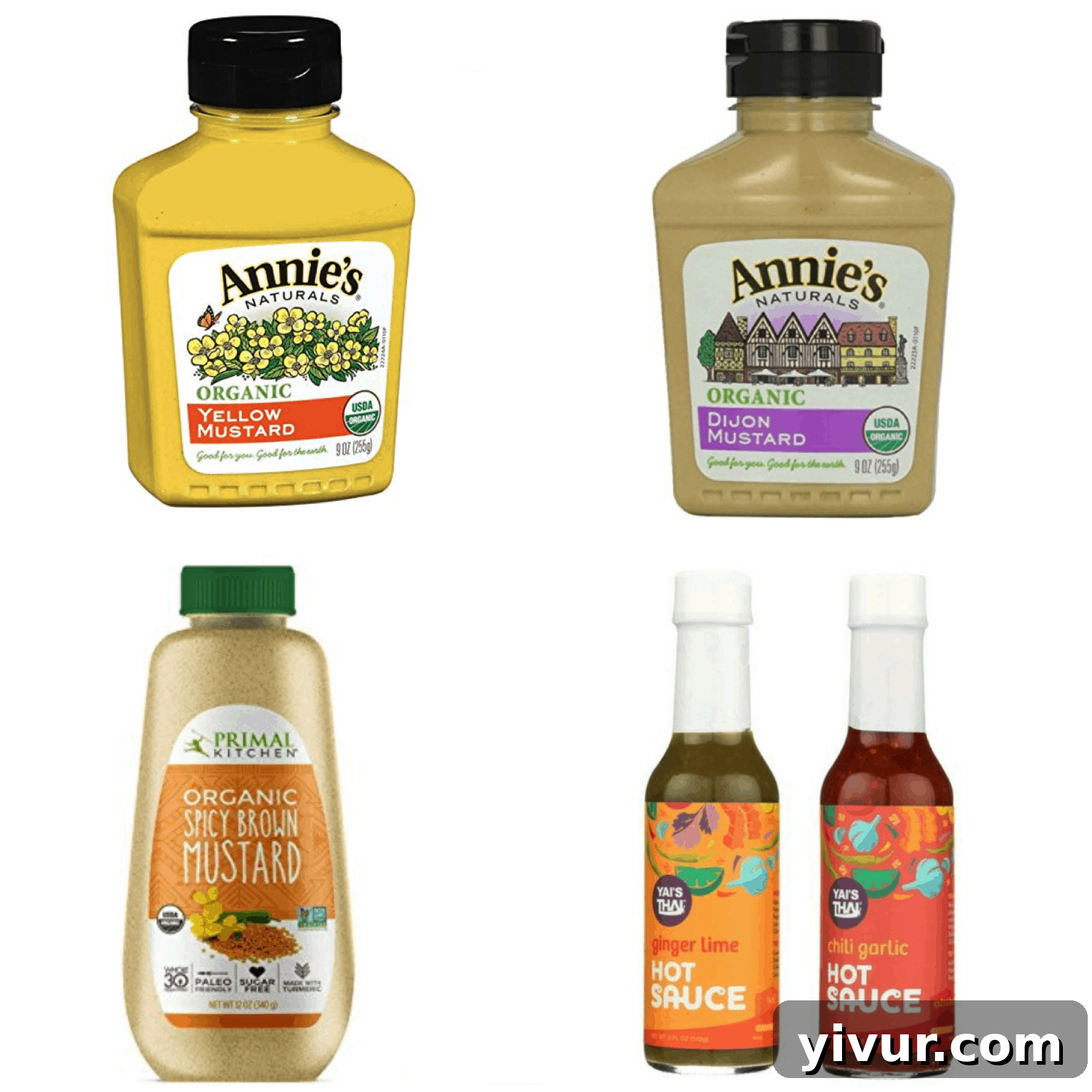 Mustard varieties and hot sauces compliant with Whole30 rules, including yellow, dijon, and spicy brown mustard.