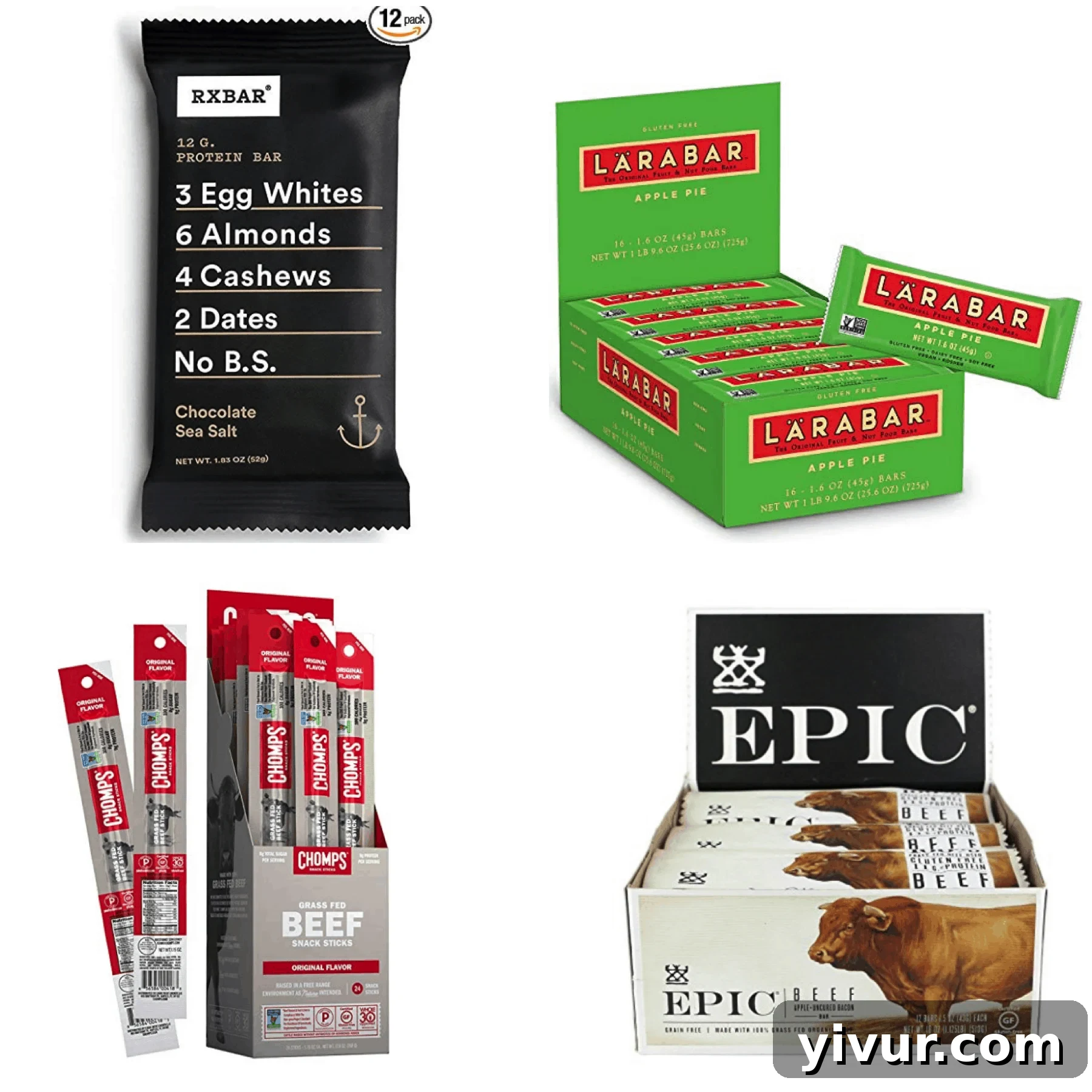 A selection of Whole30 compliant snacks, including protein bars and meat sticks, for on-the-go nourishment.