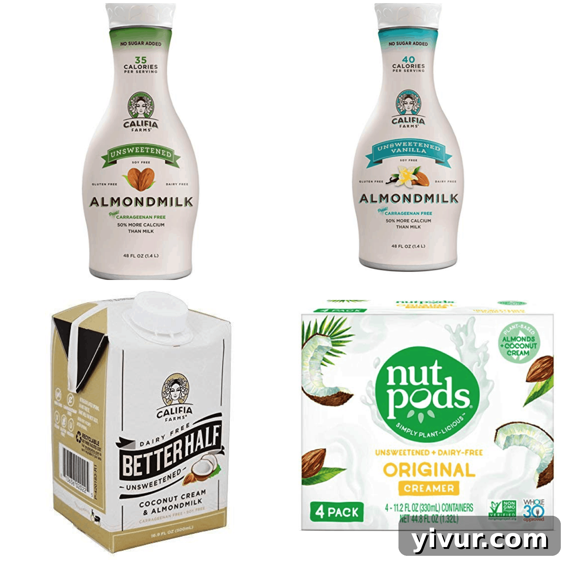 Whole30 compliant dairy substitutes like almond milk and coffee creamers, offering dairy-free options.