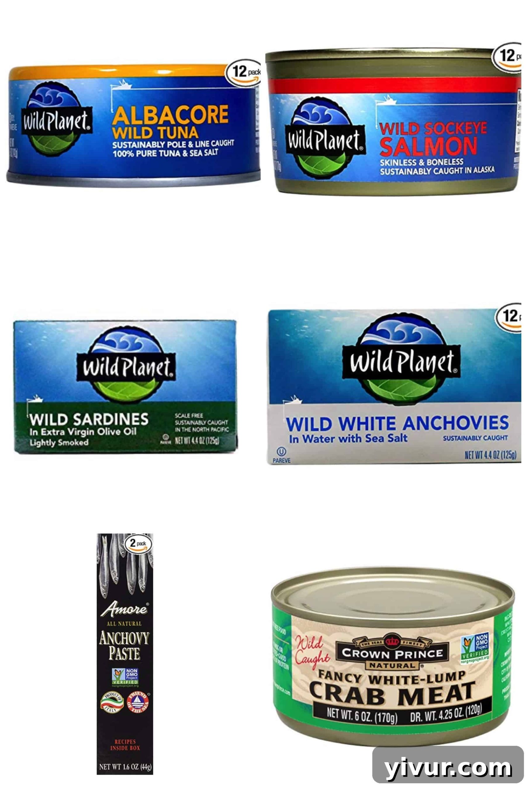 A selection of Whole30 compliant canned seafood, including tuna, salmon, sardines, and anchovies, for quick meals.