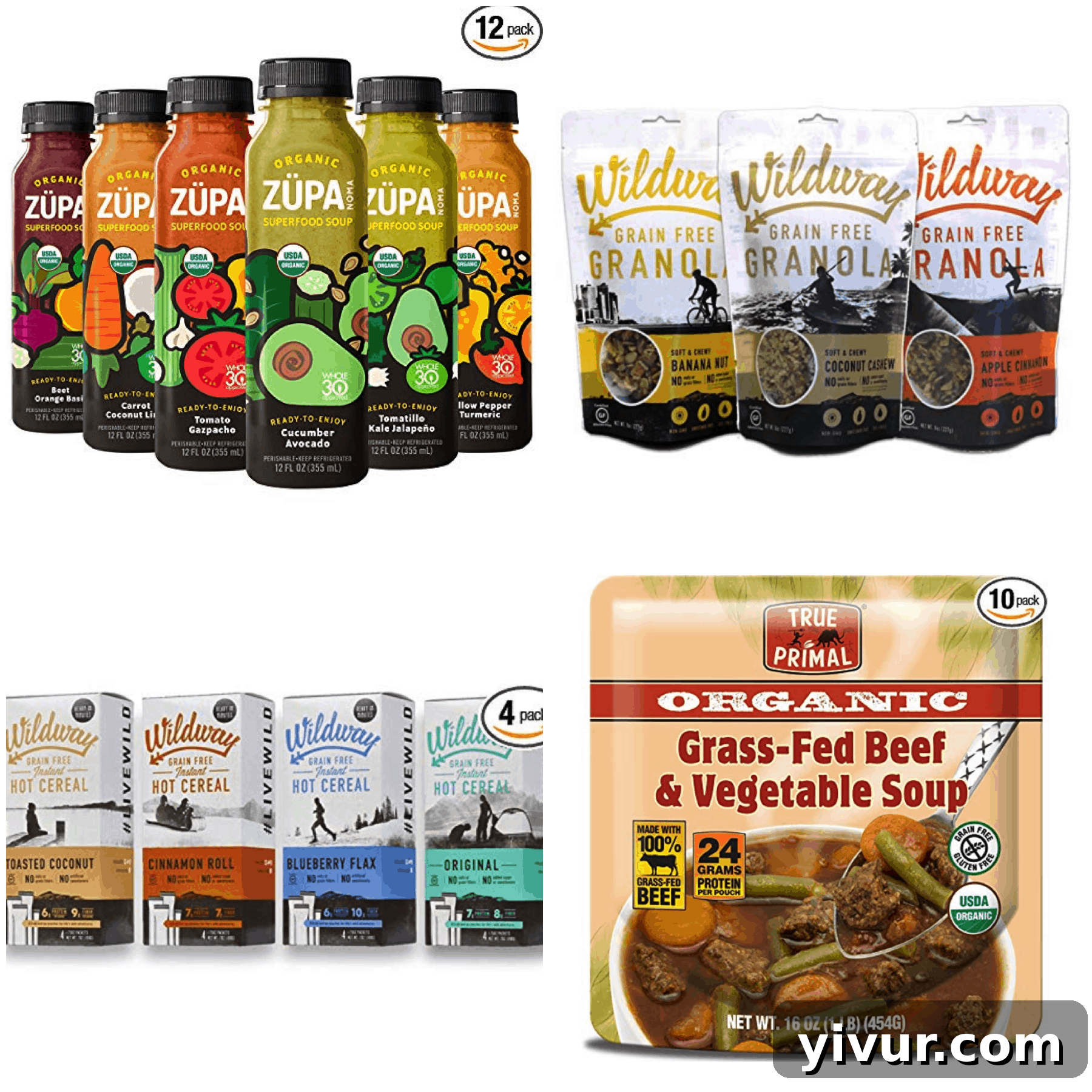 A selection of Whole30 compliant on-the-go meals, including ready-to-drink soups and grain-free granola, for busy lifestyles.