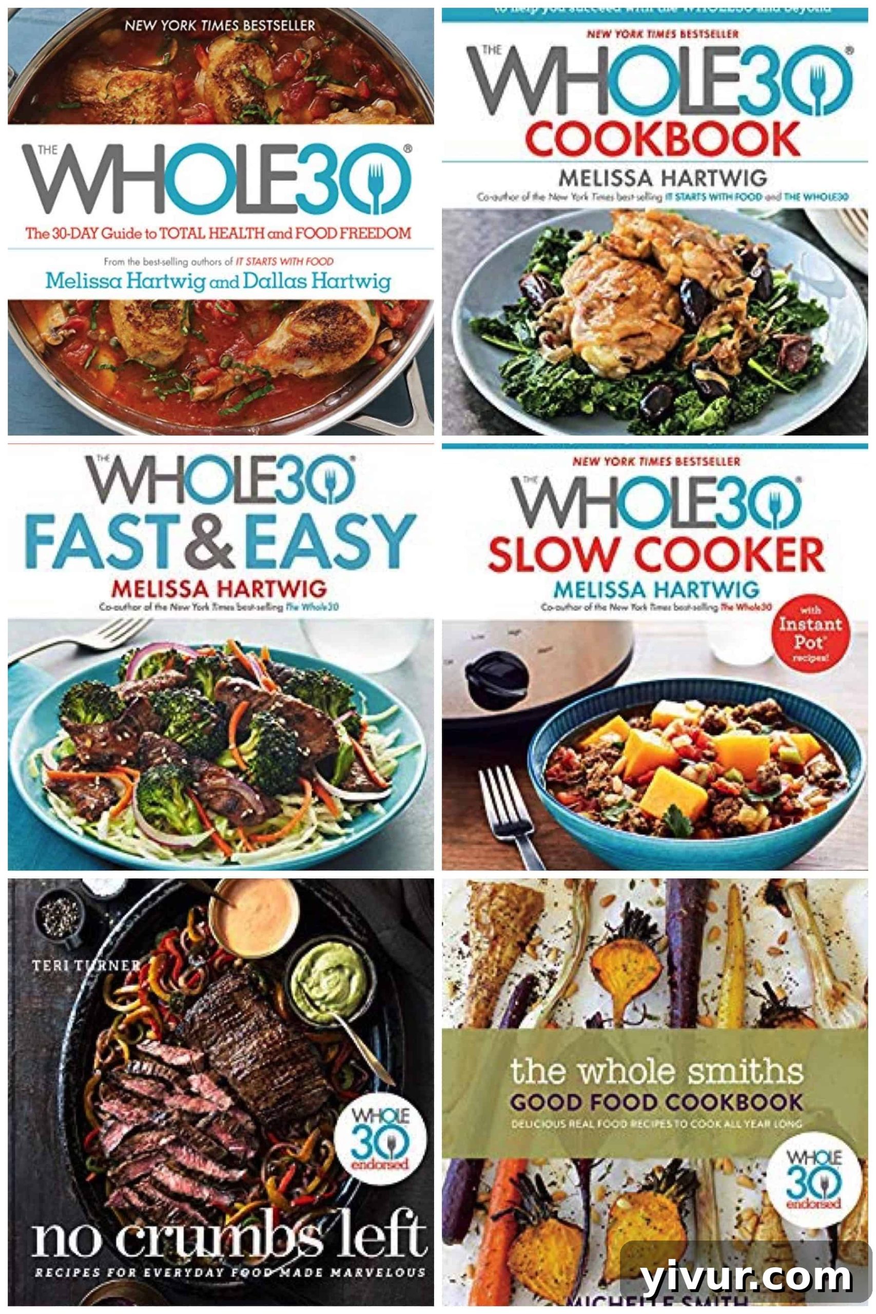 A collection of Whole30 cookbooks, including official guides and endorsed recipe books, on a white surface.