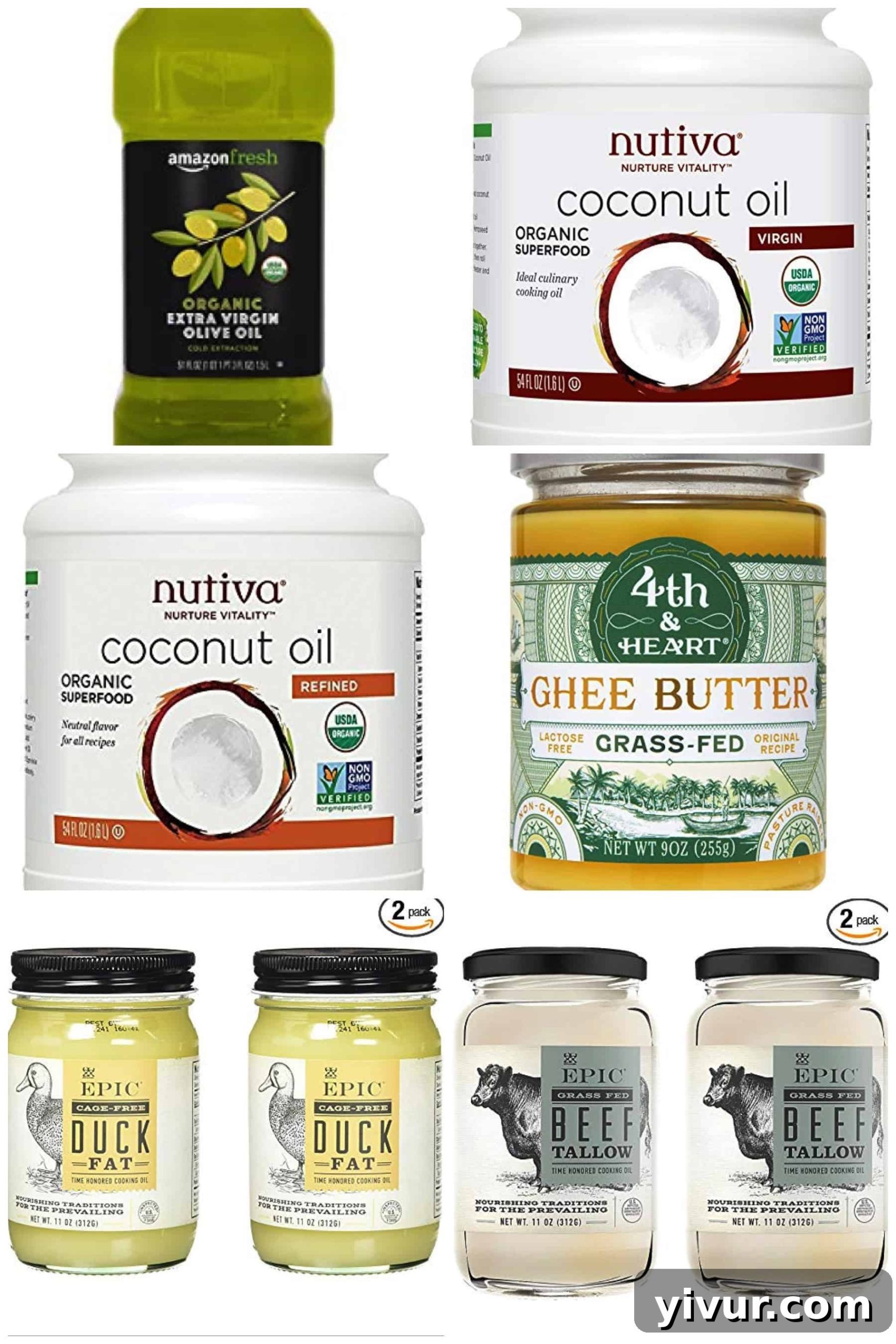 A selection of Whole30 compliant cooking oils, including olive oil, coconut oil, and ghee, arranged for easy viewing.