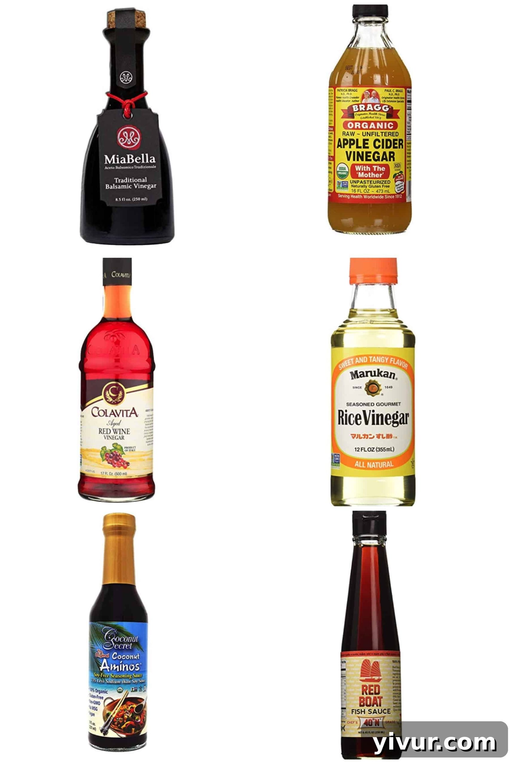 A collection of Whole30 compliant vinegars and sauces, including balsamic, apple cider, and coconut aminos, on a kitchen surface.