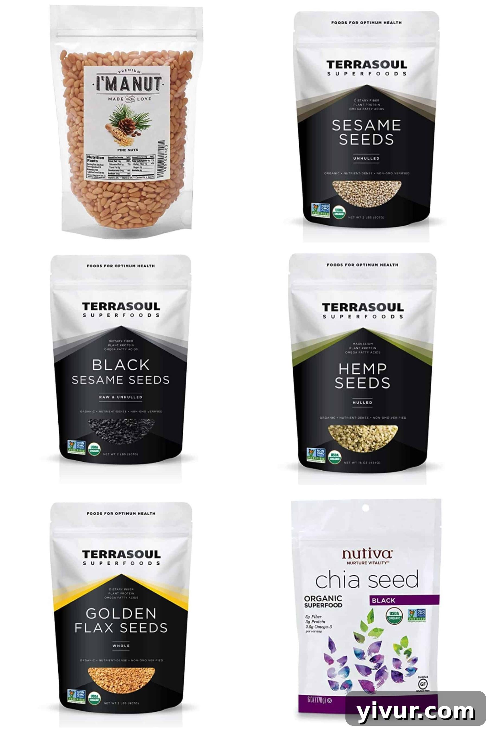 Various Whole30 compliant seeds like sesame, hemp, flax, and chia, essential for added nutrition and texture.