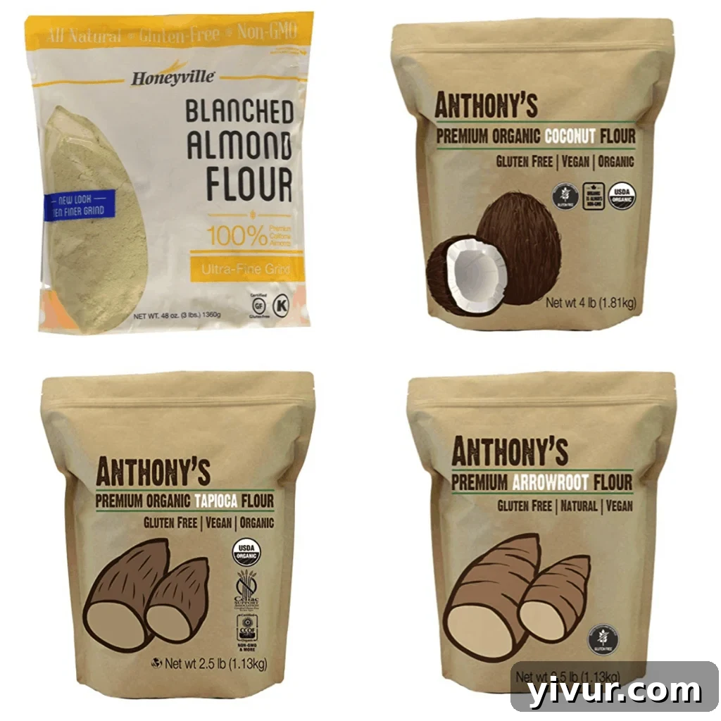 A selection of Whole30 approved flours including almond, coconut, tapioca, and arrowroot, suitable for compliant cooking.