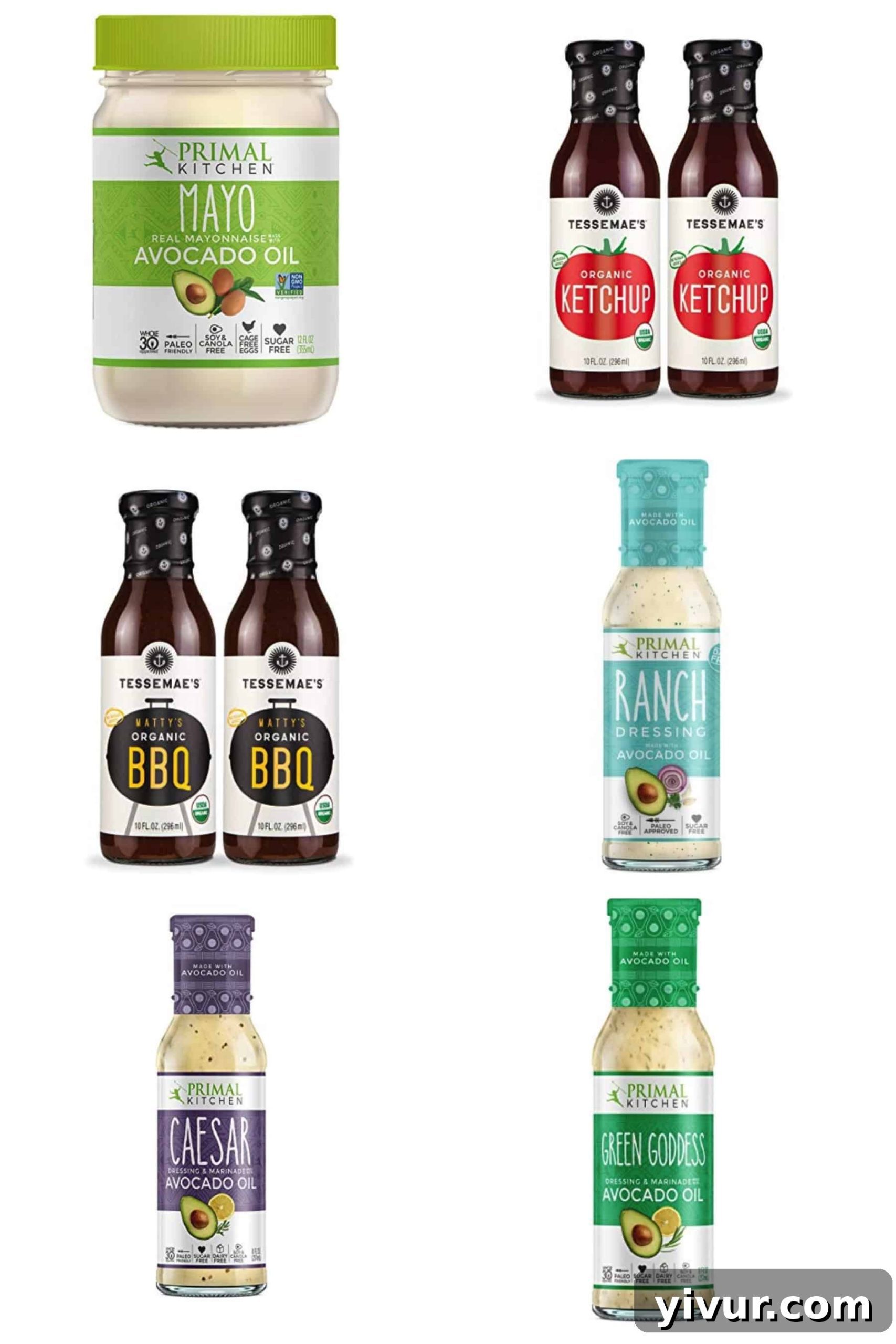 A variety of Whole30 compliant condiments and dressings, including avocado mayonnaise, ketchup, and BBQ sauce.