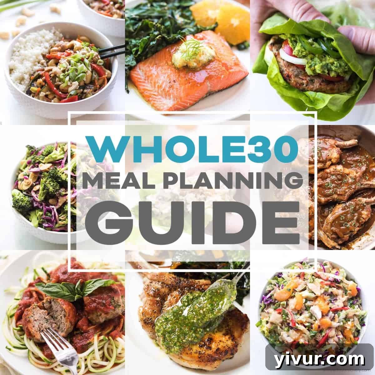 Whole30 Meal Planning Guide with a variety of fresh, compliant ingredients laid out on a table, including vegetables, fruits, and proteins, next to a printed meal plan template.