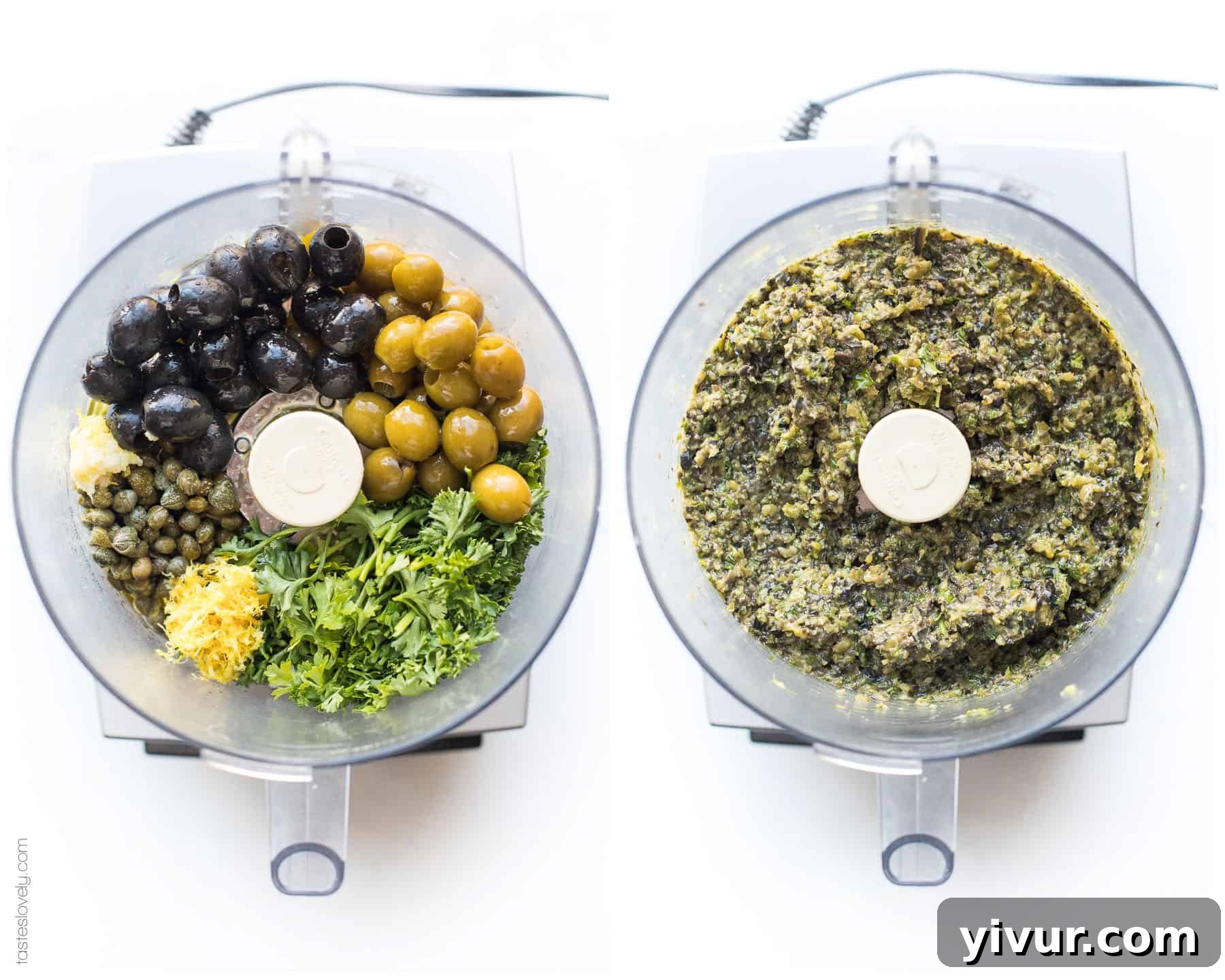 Three sequential images showing the process of making olive tapenade in a food processor: ingredients pre-chopped, pulsing, and finished texture.
