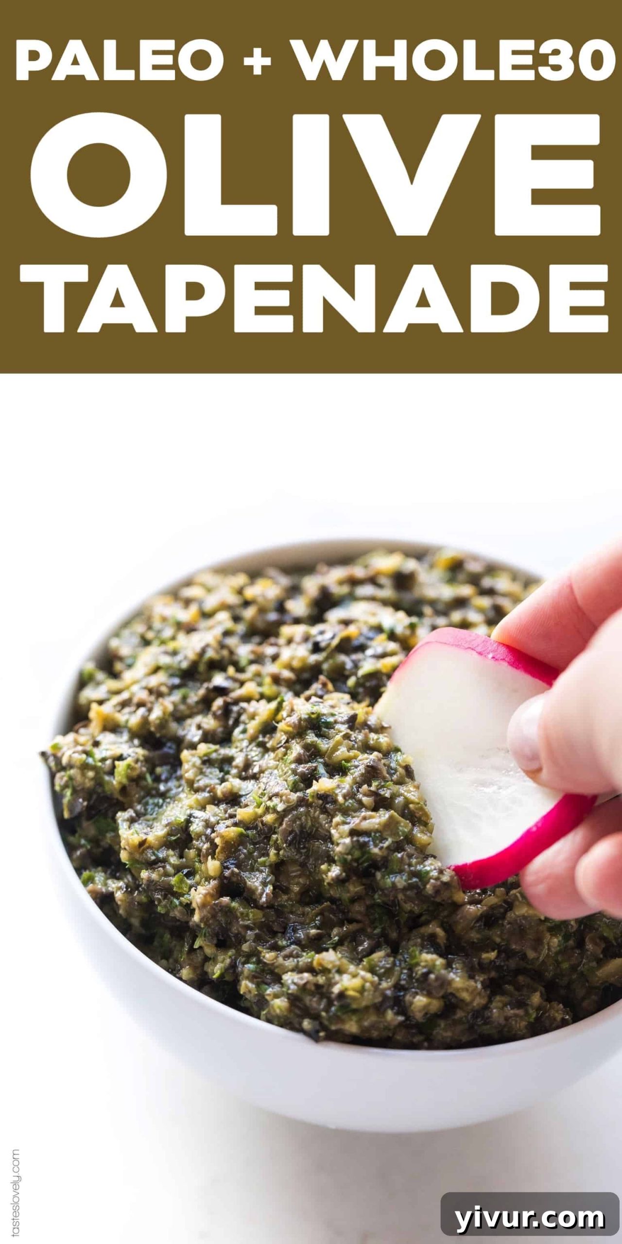 A high-angle shot of a rustic wooden surface featuring olive tapenade in a bowl, surrounded by fresh ingredients like olives, parsley, and lemon.