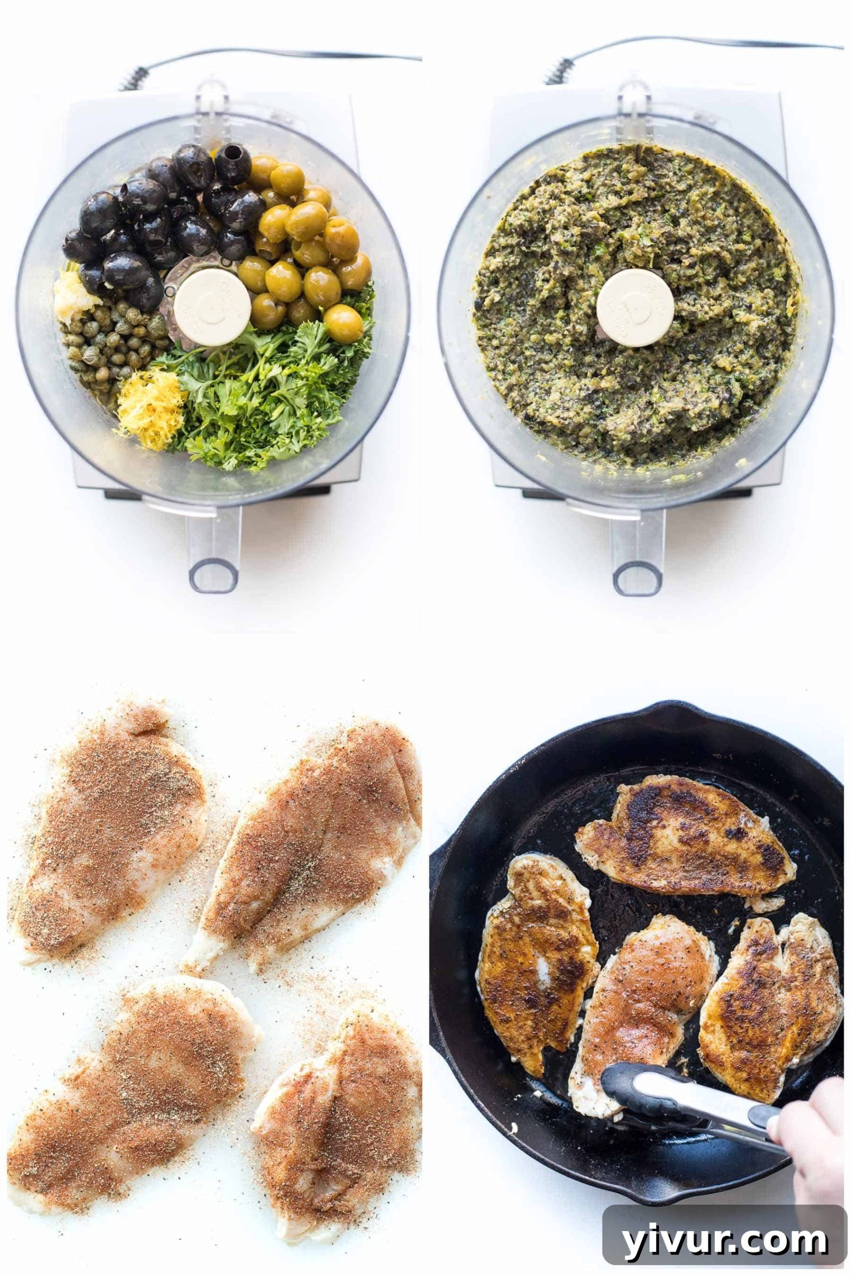 A step-by-step visual guide to preparing the chicken with olive tapenade, showing the seasoning, searing, and final topping stages.