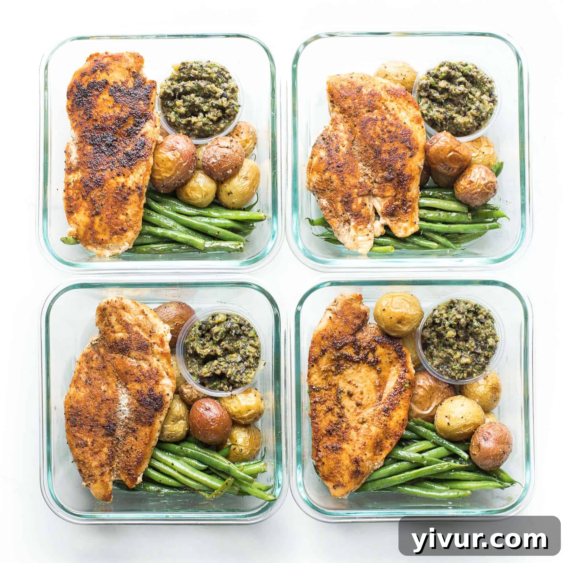 A perfectly portioned Whole30 + Keto Chicken with Olive Tapenade meal prepped in a container, ready for a healthy lunch or dinner.