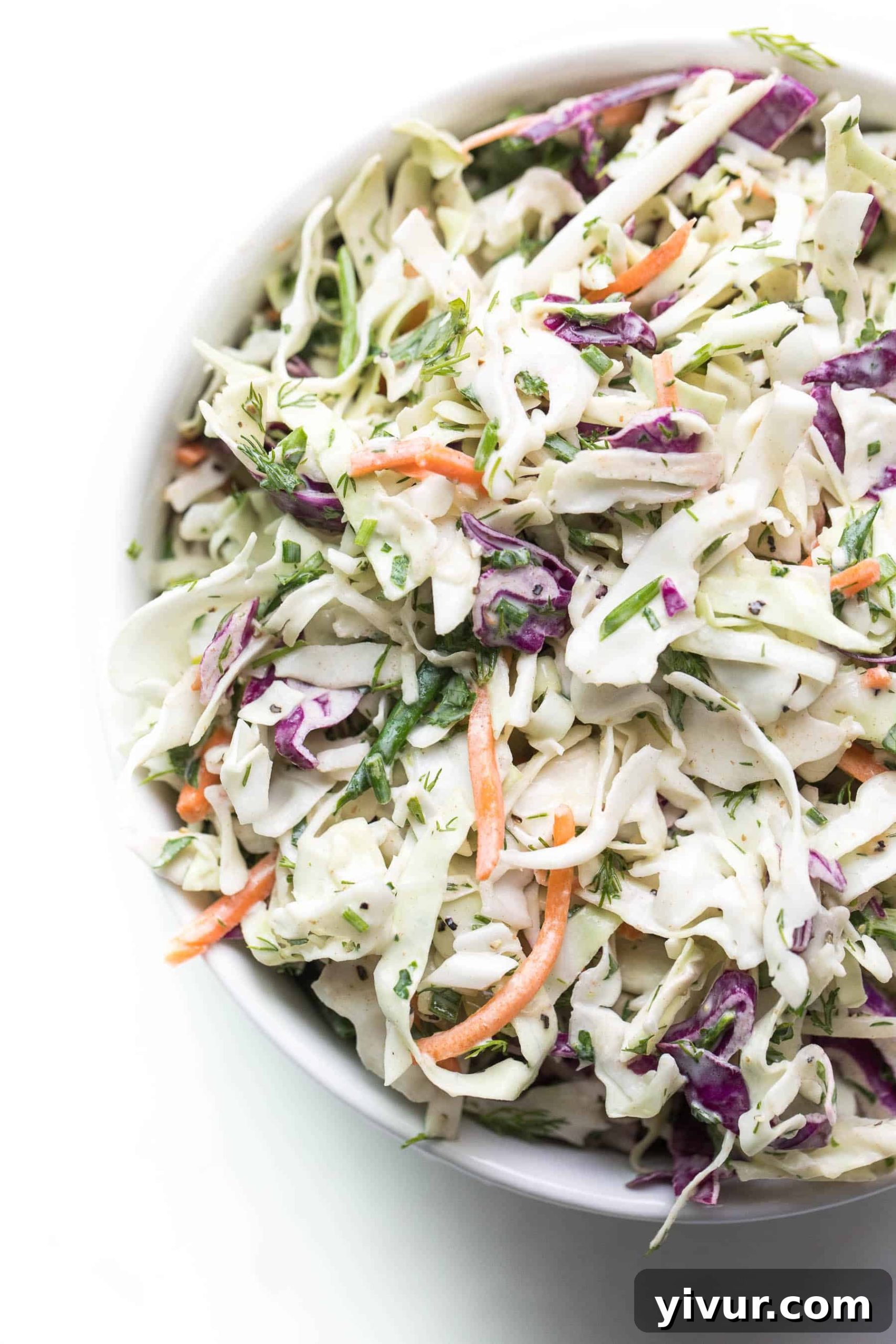 Vibrant Whole30 Keto Lemon Herb Slaw 2 Herby lemon coleslaw in a white bowl, showcasing fresh ingredients