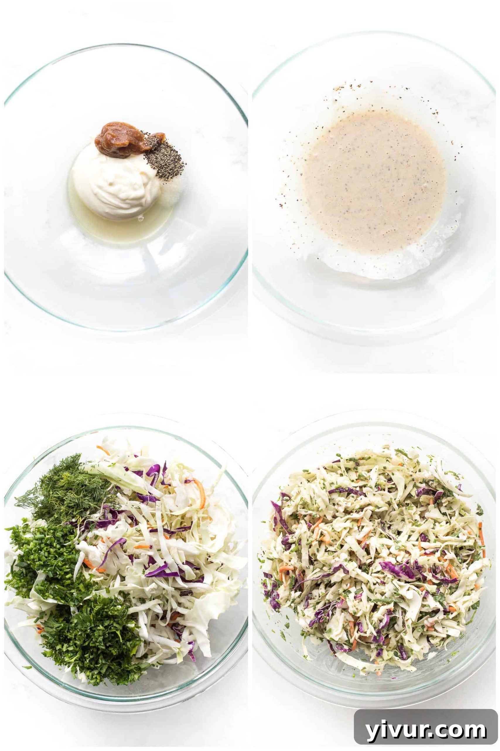 Vibrant Whole30 Keto Lemon Herb Slaw 4 Step-by-step process of making herby lemon coleslaw, showing ingredients being combined