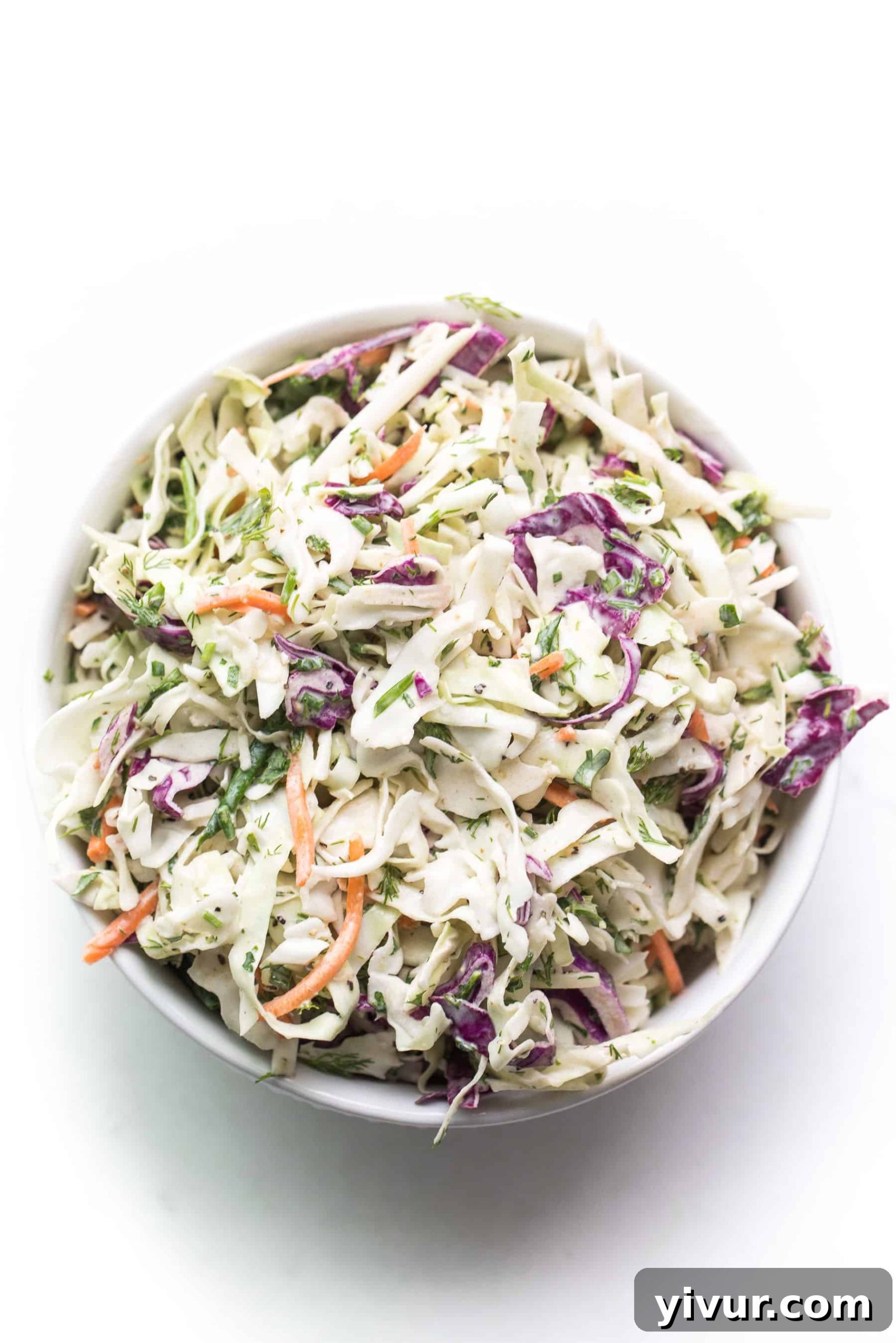Vibrant Whole30 Keto Lemon Herb Slaw 5 Herby lemon coleslaw plated in a white bowl, ready to eat