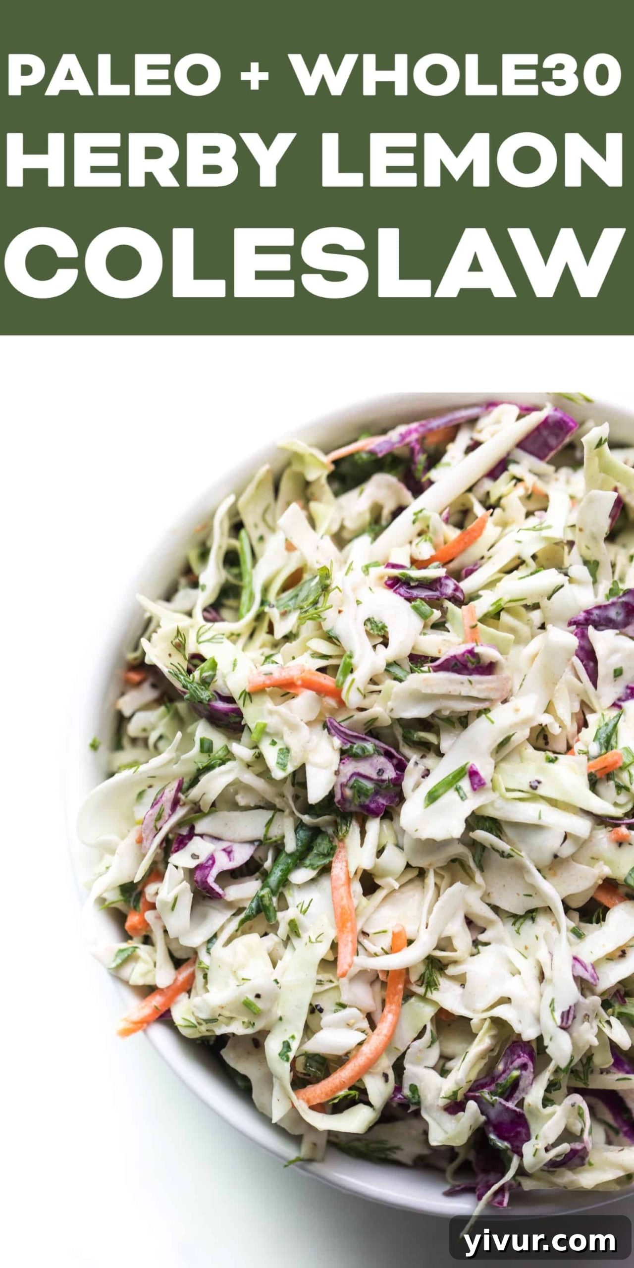 Vibrant Whole30 Keto Lemon Herb Slaw 6 A final close-up of the Herby Lemon Coleslaw in a white bowl, garnished with herbs