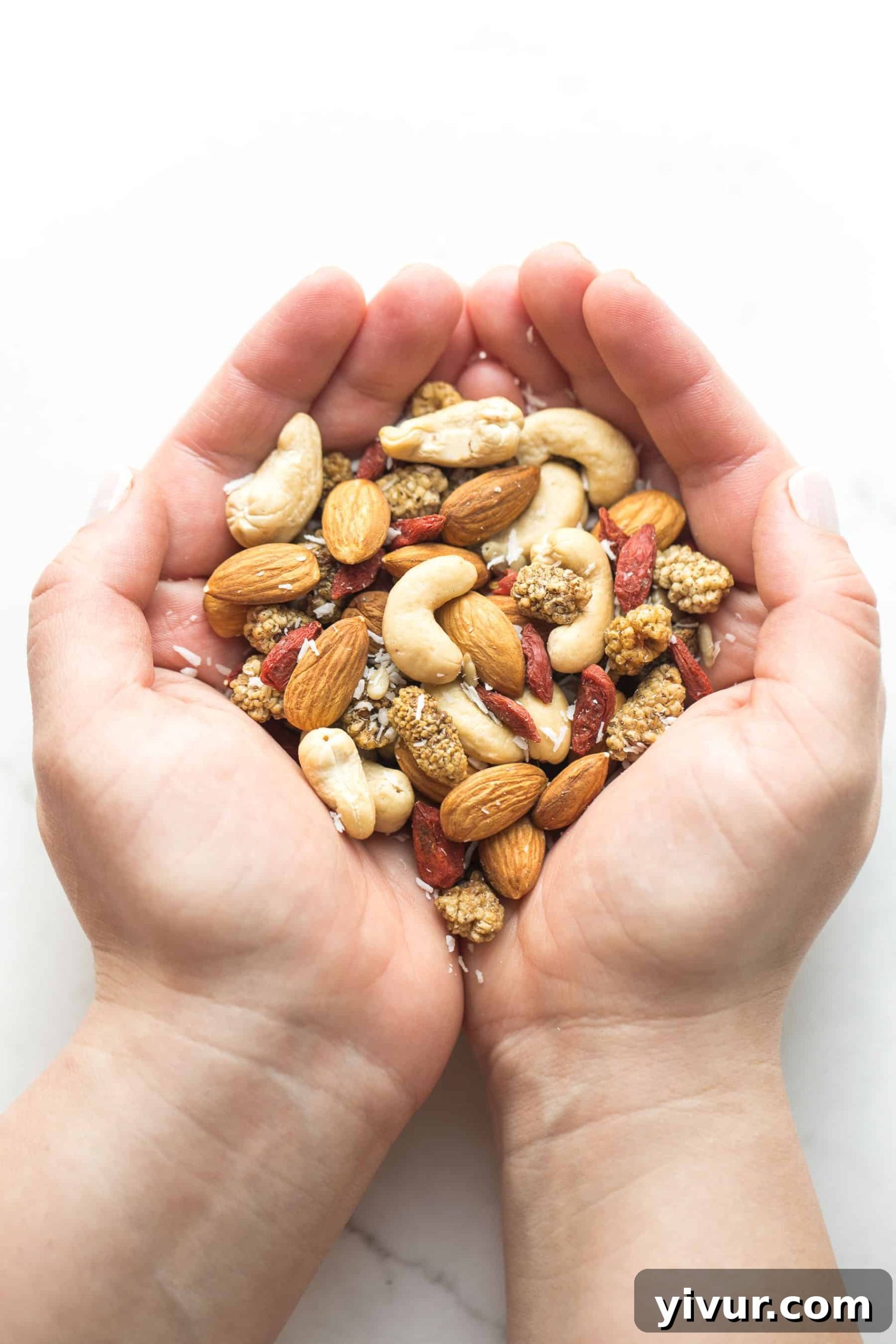 A hand holding a vibrant mix of berries, nuts, and seeds, showcasing a healthy superfood snack.