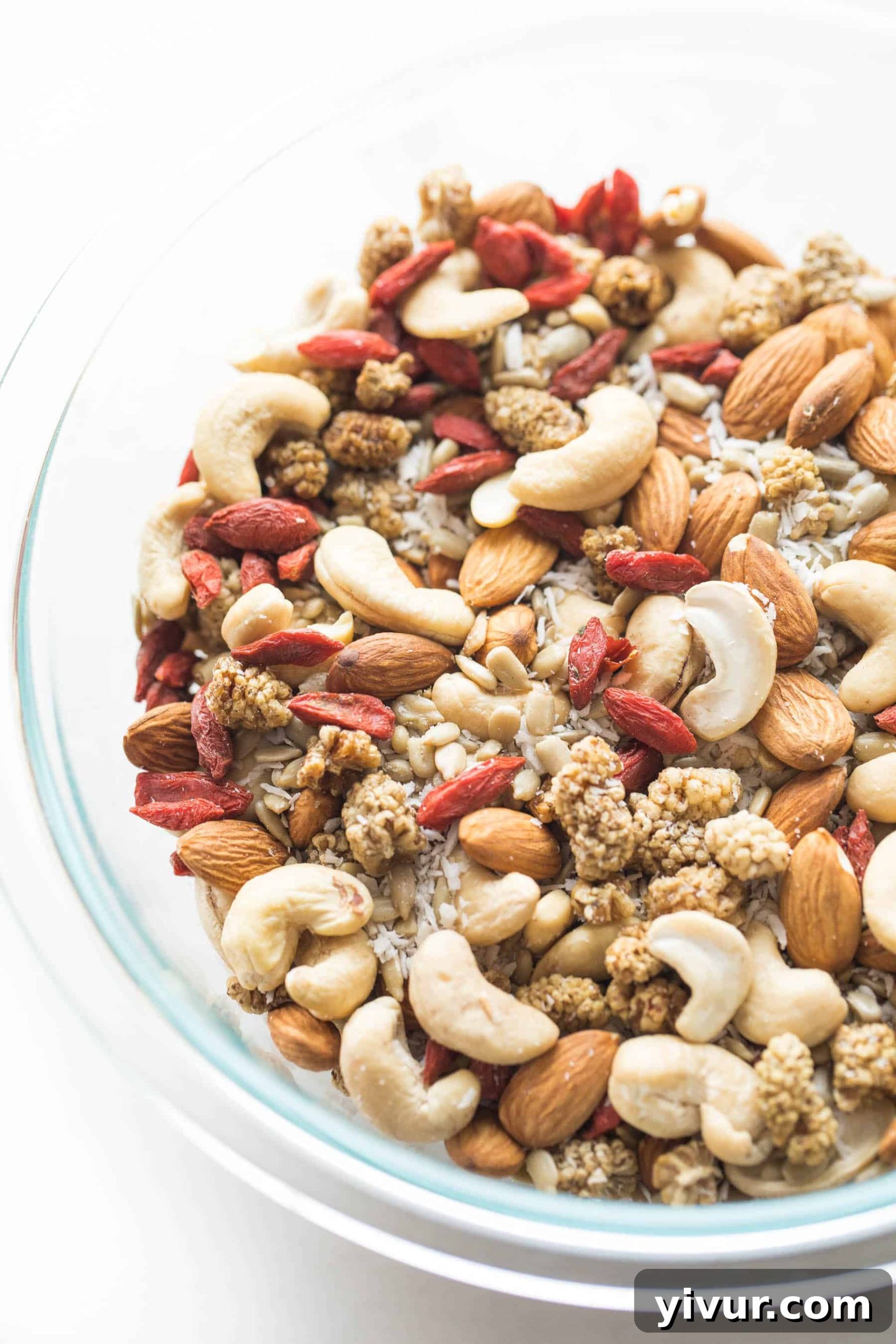 A clear glass bowl filled with the colorful superfood snack mix, highlighting the blend of nuts, berries, and coconut flakes.