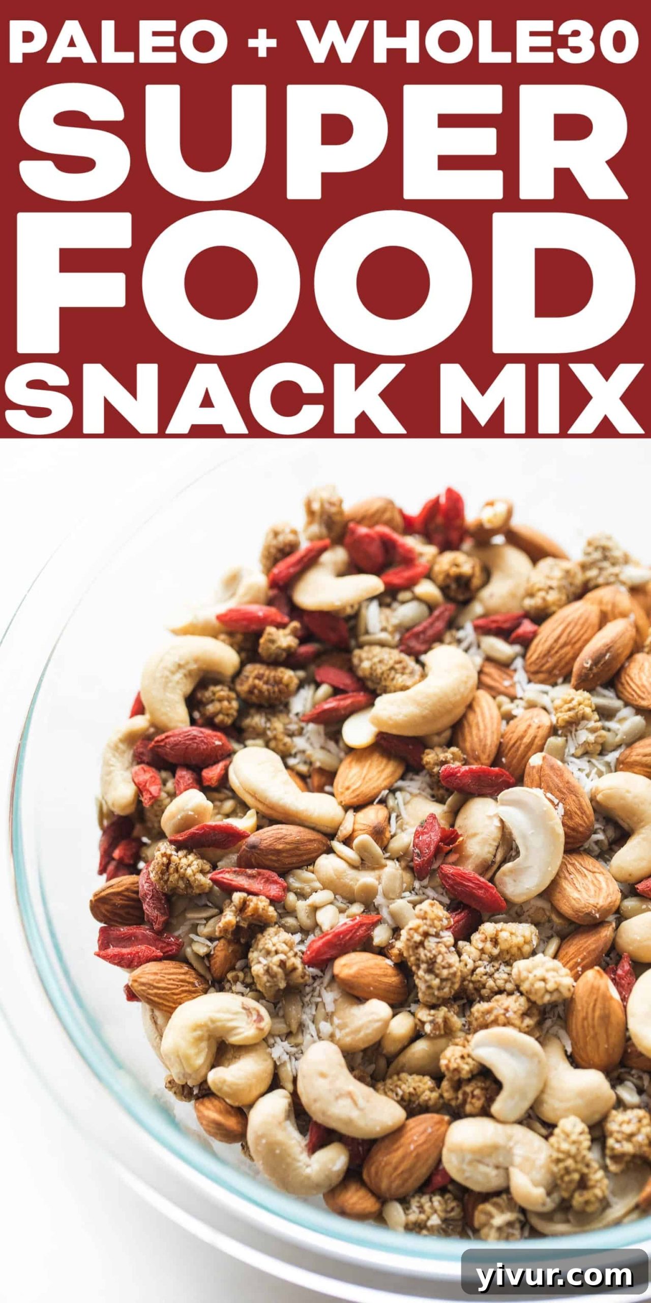 The ultimate Paleo and Whole30 Superfood Snack Mix in a clear mason jar, with a rustic background.