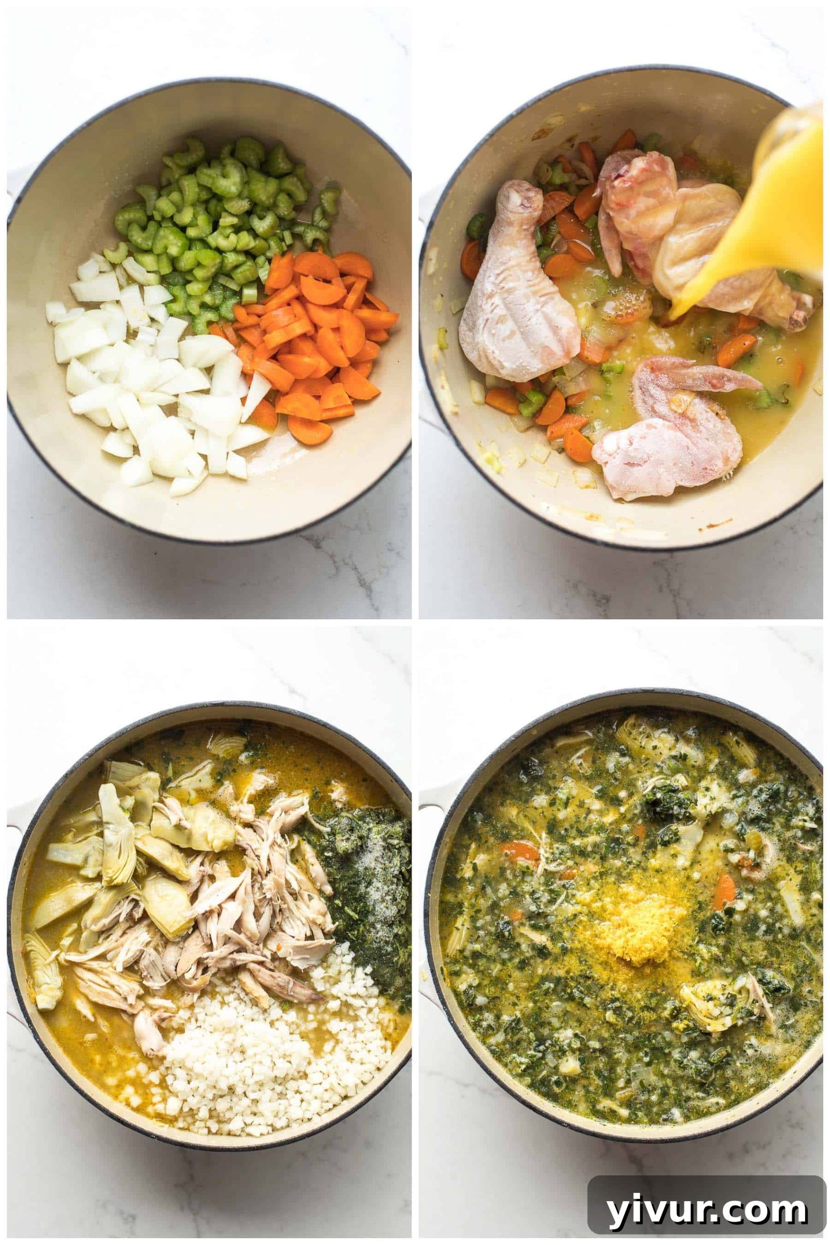 Zesty Lemon Artichoke Chicken Soup Whole30 Keto 4 A visual step-by-step guide illustrating the easy process of preparing Lemon Artichoke Chicken Soup, emphasizing its simplicity.