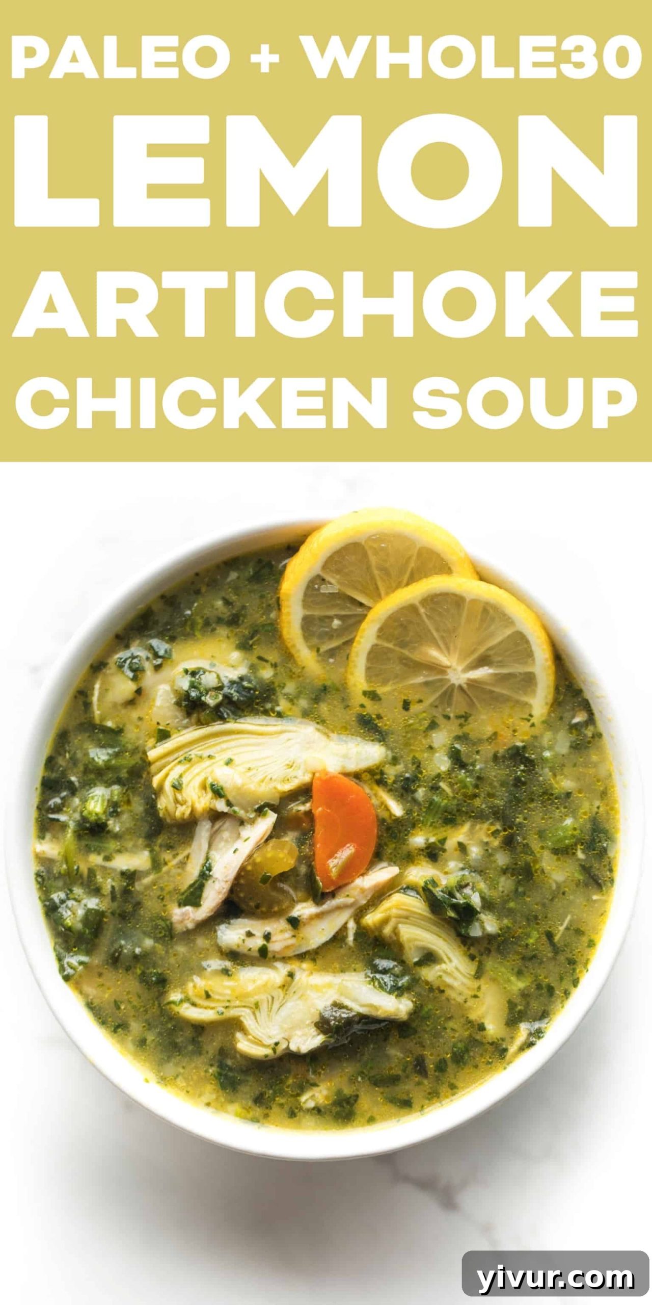 Zesty Lemon Artichoke Chicken Soup Whole30 Keto 8 A beautifully presented bowl of Whole30 + Keto Lemon Artichoke Chicken Soup, captured from an overhead perspective, highlighting its fresh ingredients and inviting appeal.