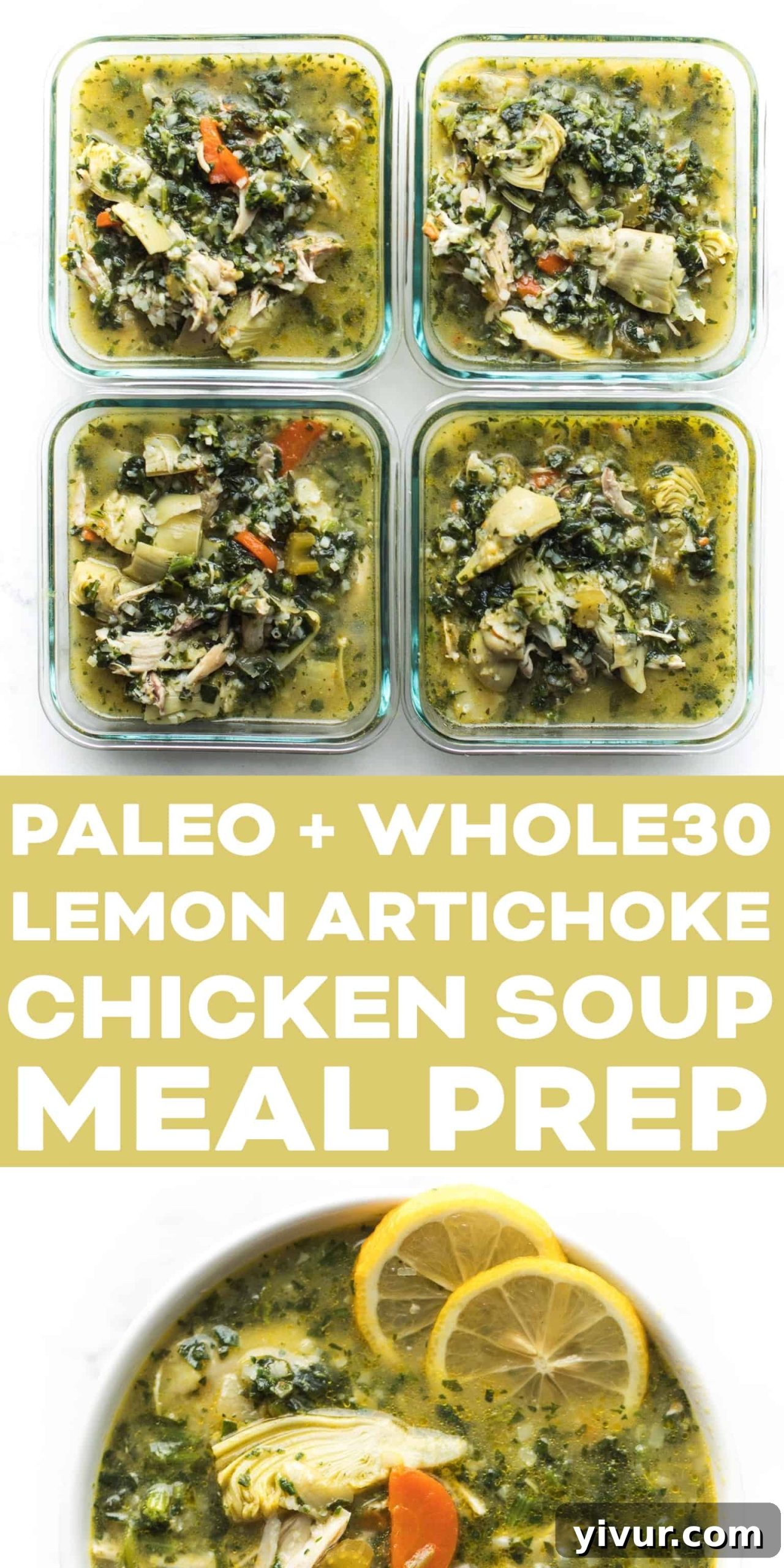 Zesty Lemon Artichoke Chicken Soup Whole30 Keto 9 Another enticing overhead shot of the Paleo + Whole30 Lemon Artichoke Chicken Soup, served in a pristine white bowl, accentuating its vibrant colors and healthy components.