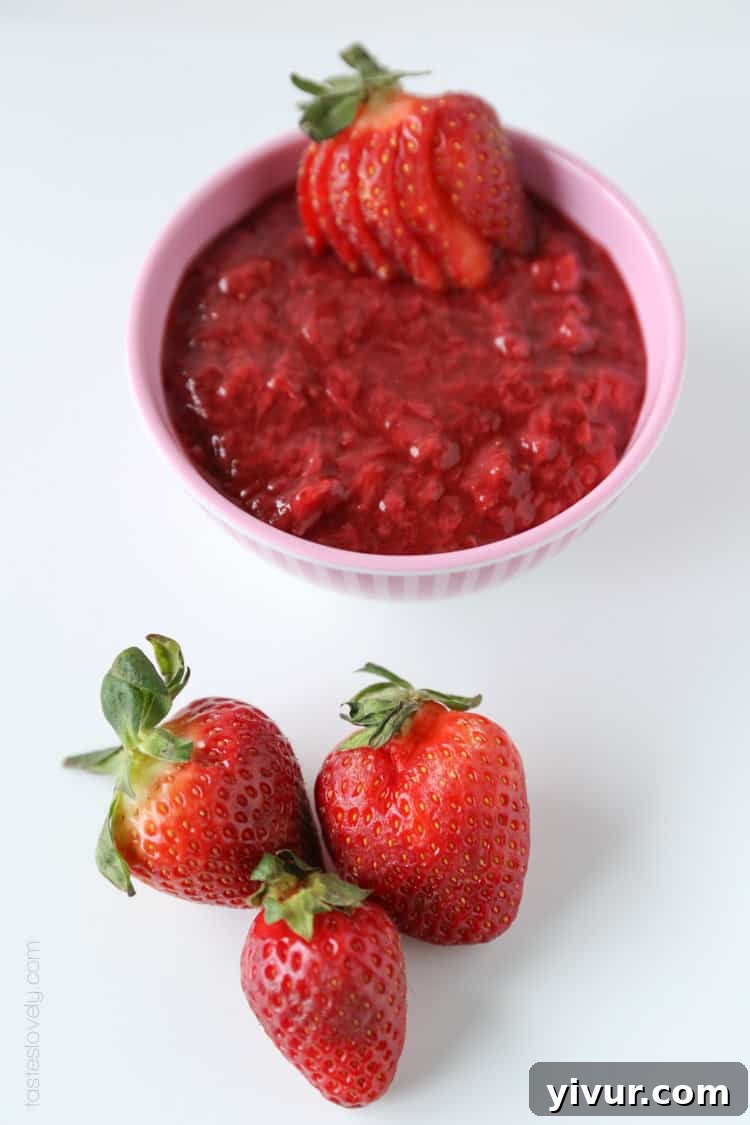 Fresh strawberry sauce, great for cheesecake, pancakes or waffles