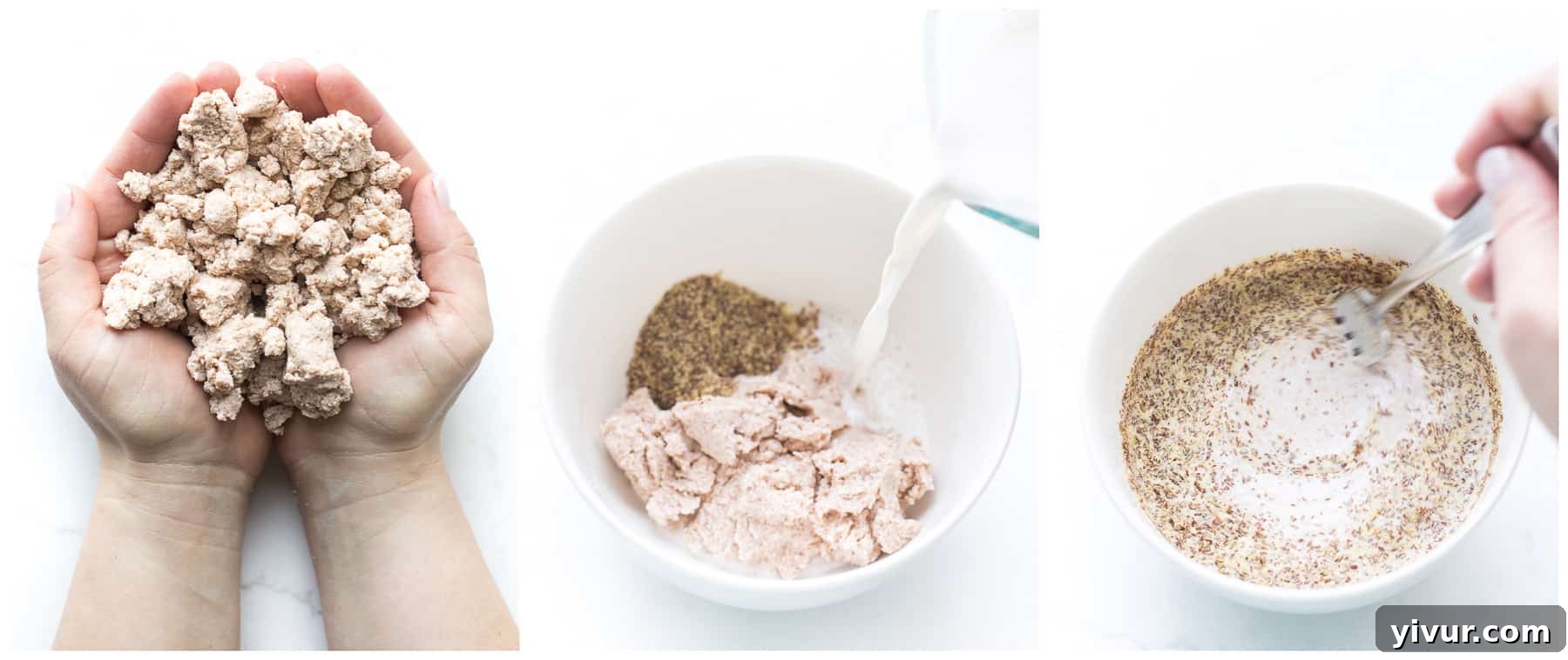 A visual guide showing the simple steps to prepare almond pulp breakfast porridge, highlighting the ease and speed of the recipe.