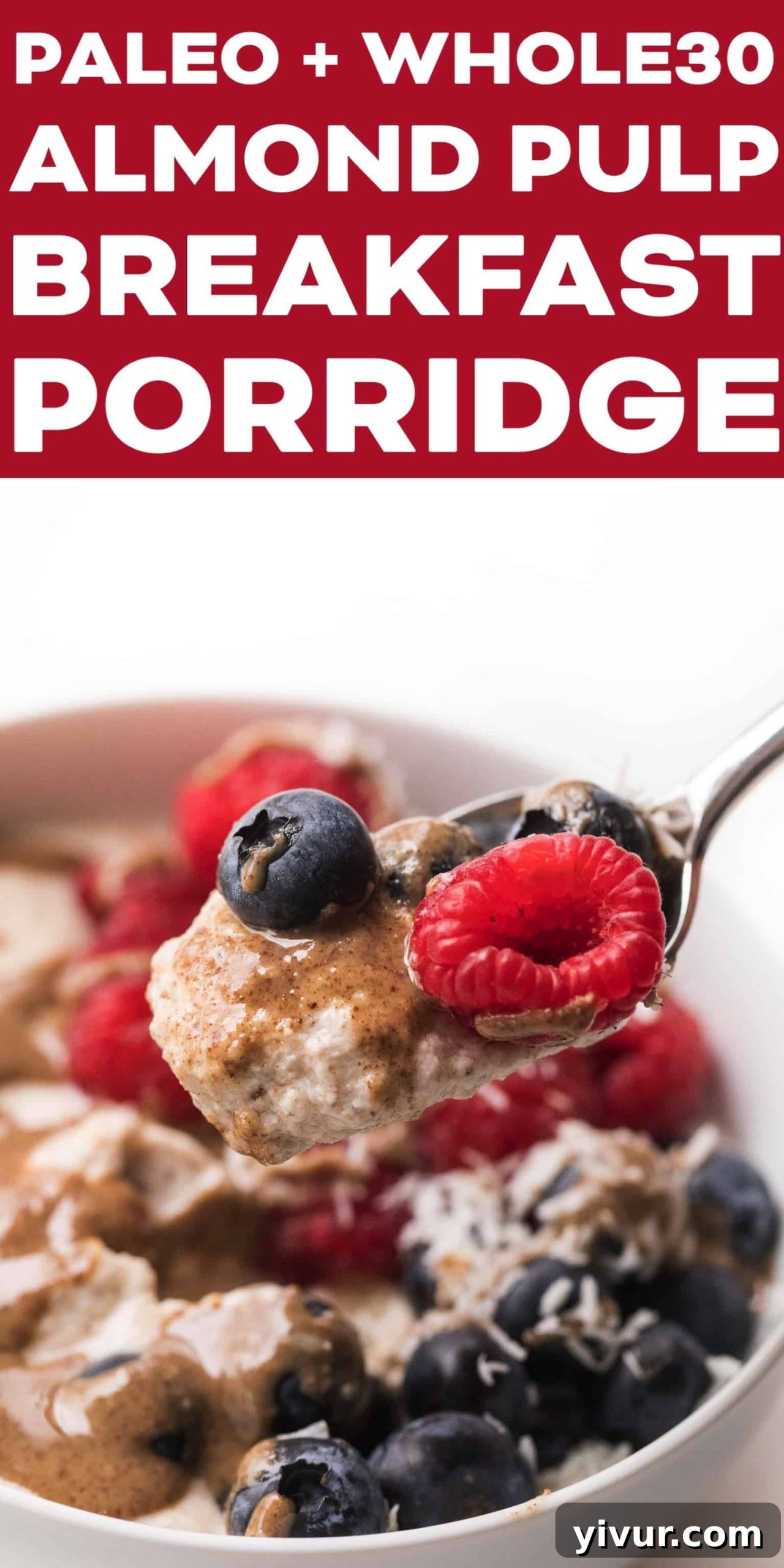 Close-up shot of a creamy almond pulp breakfast porridge in a white bowl, showing its smooth texture, ideal for a paleo and whole30 diet.