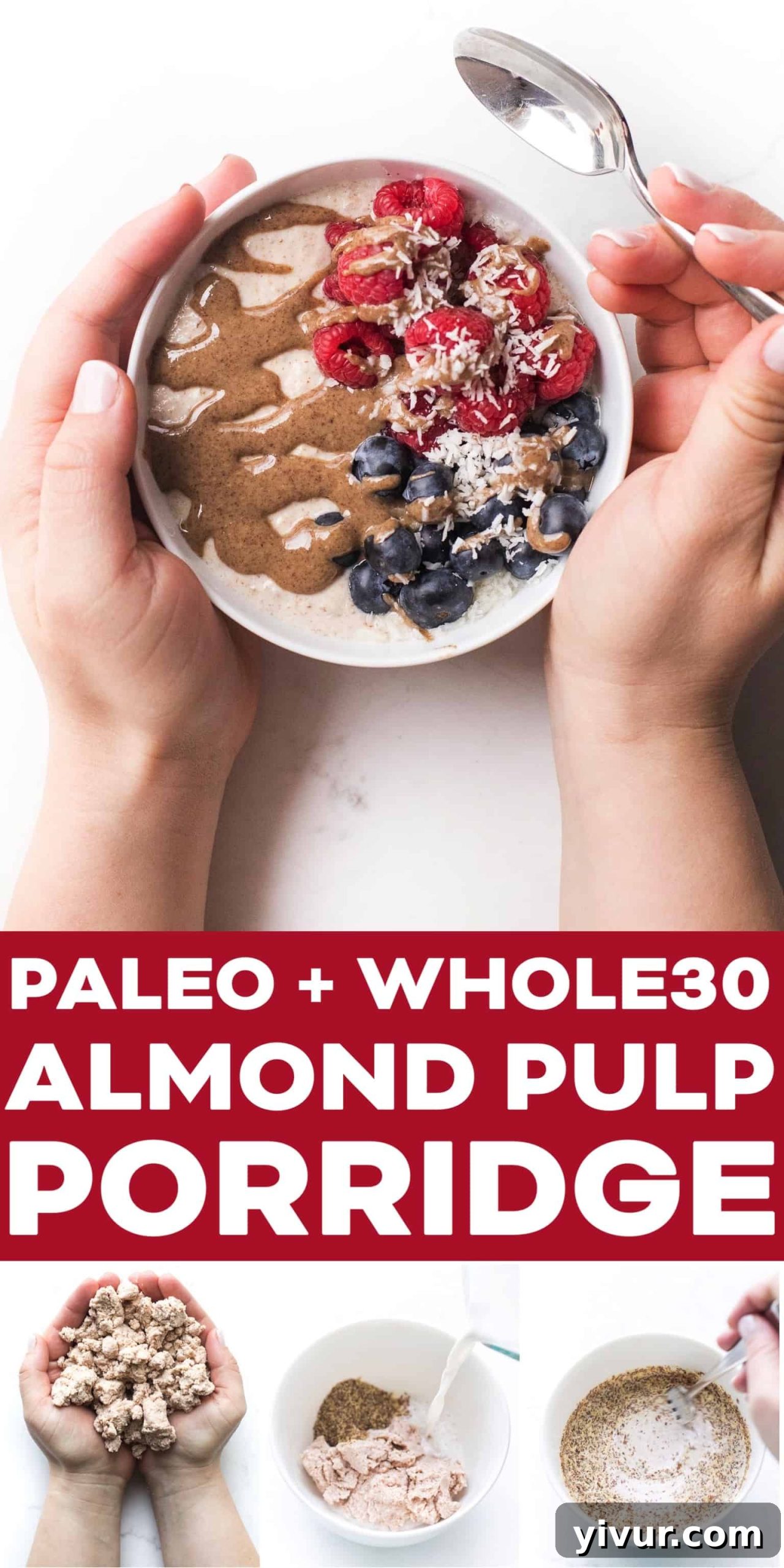 Overhead view of a prepared almond pulp breakfast porridge, featuring a mix of berries and nuts as toppings, promoting a healthy paleo and whole30 lifestyle.