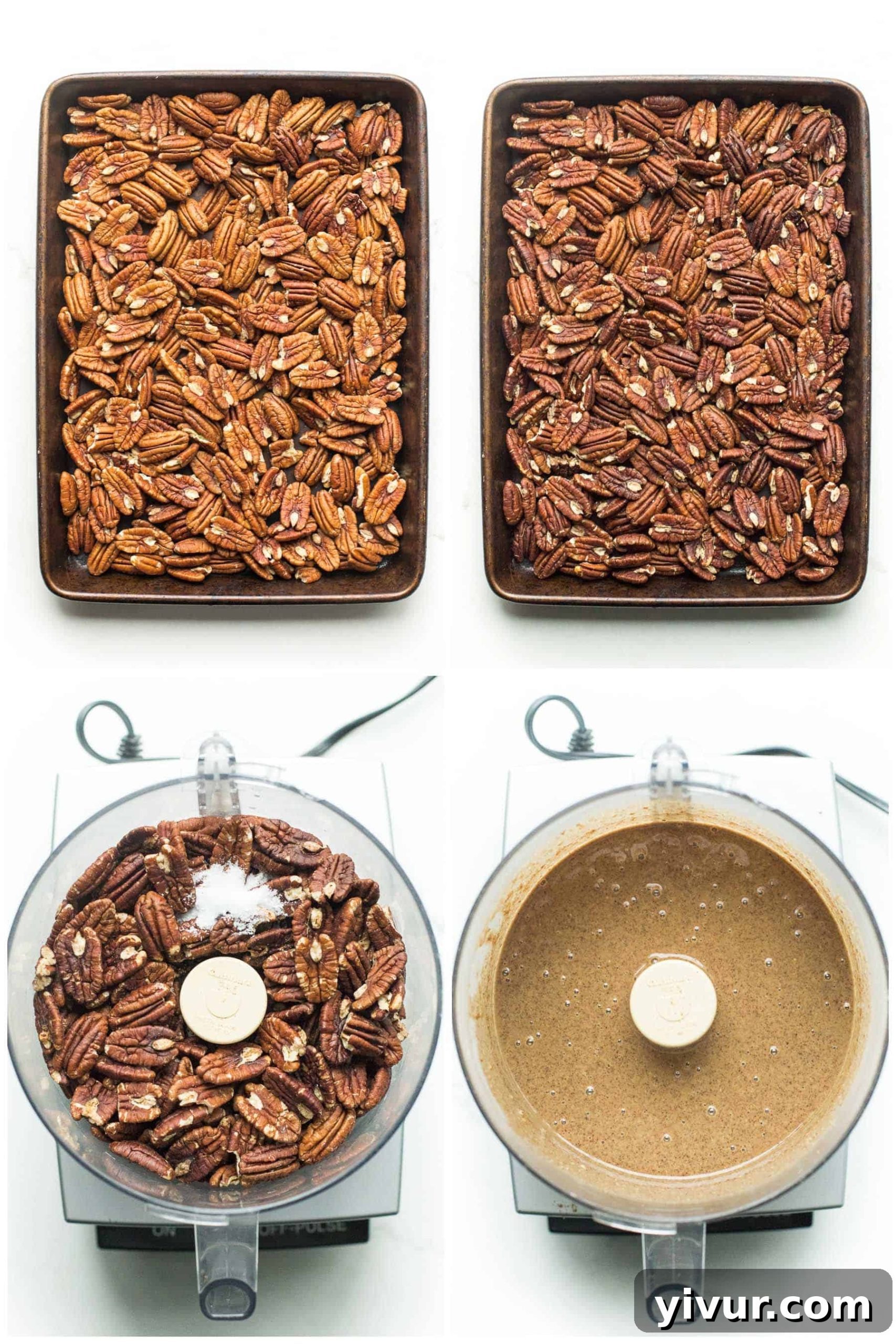 Creamy Paleo Whole30 Homemade Pecan Butter 4 Step-by-step process of making homemade pecan butter, from roasting whole pecans to blending them into a smooth, creamy spread in a food processor.