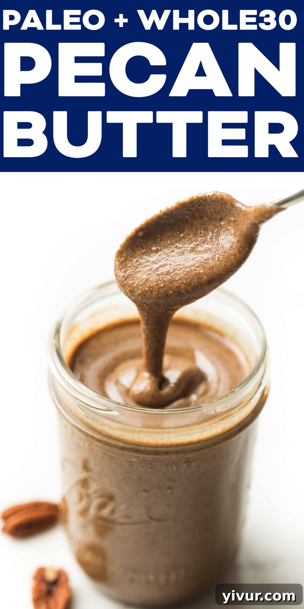 Creamy Paleo Whole30 Homemade Pecan Butter 7 Two hands holding a mason jar of homemade pecan butter against a rustic background, highlighting the rich, inviting texture of the nut butter.