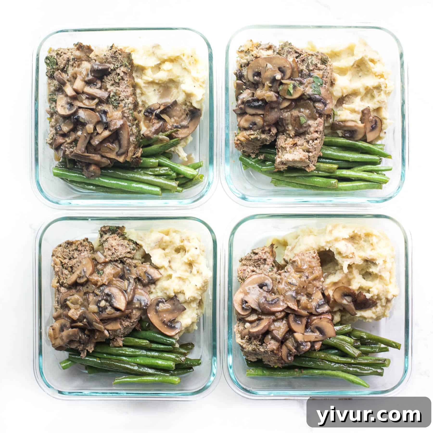 meal prep containers with meatloaf, mashed potatoes and green beans