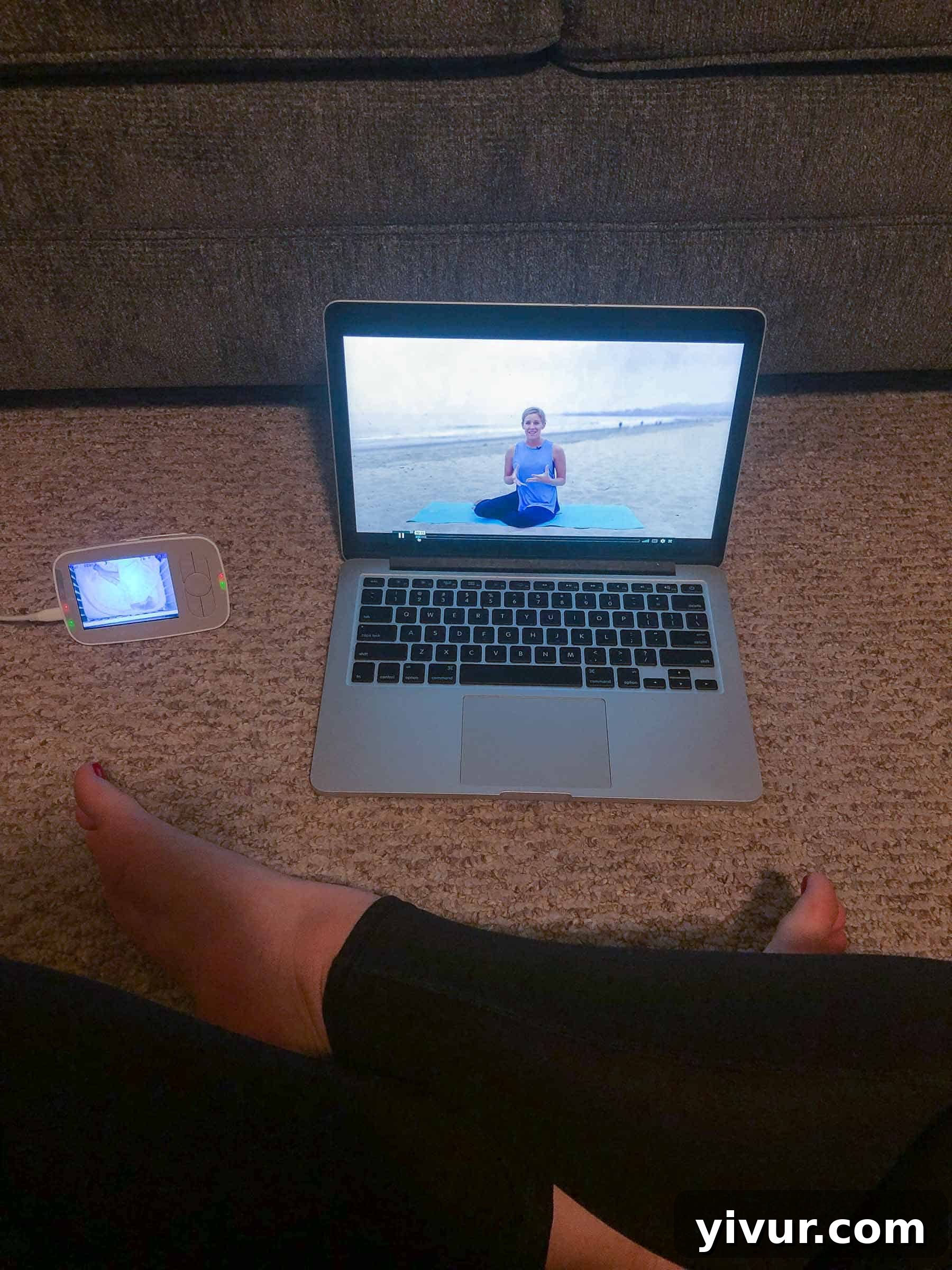 A serene moment of self-care: Mom engaging in an invigorating in-home workout, a testament to prioritizing personal wellness before the busy family day begins. This image highlights dedication to fitness and mental clarity.