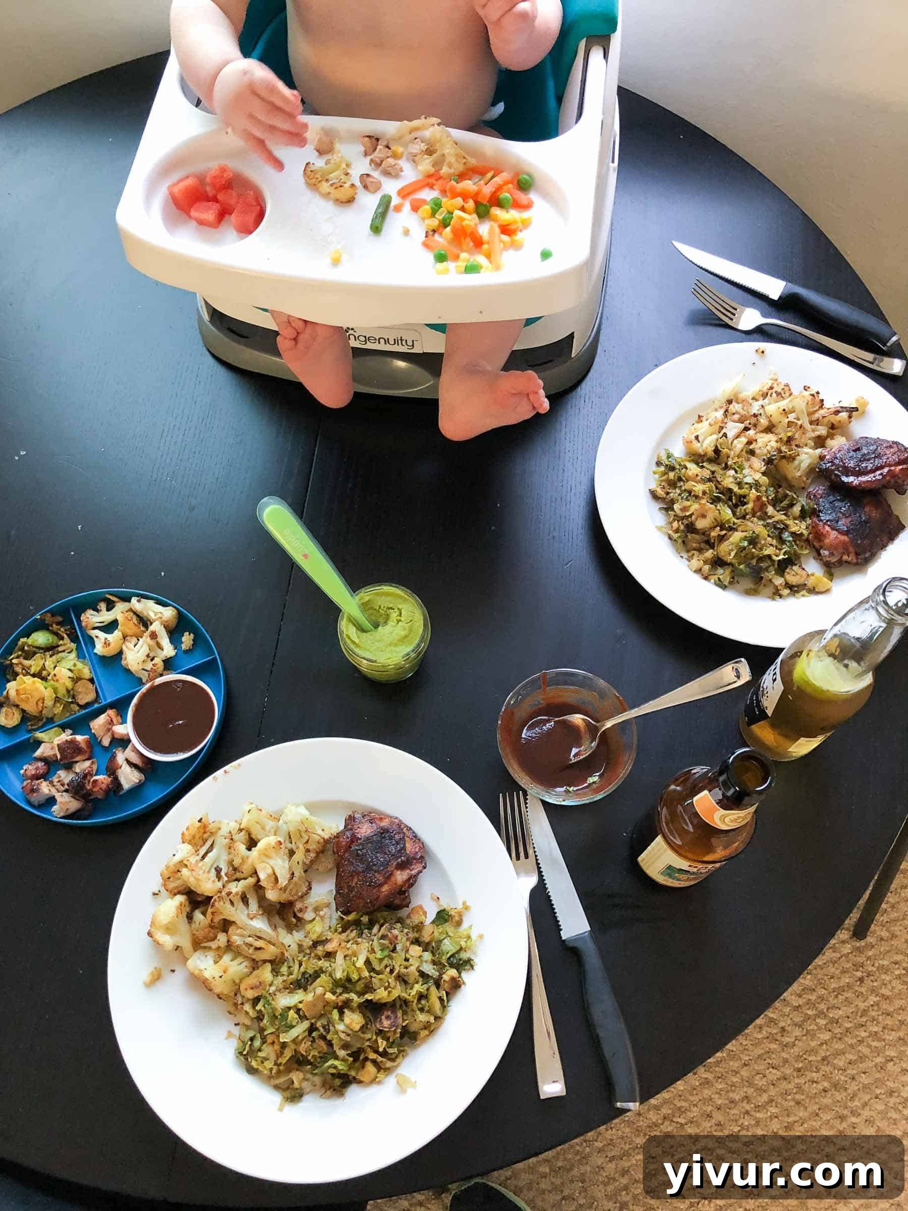 A quintessential California evening: Family enjoying outdoor play while Shawn expertly grills chicken thighs, complemented by roasted cauliflower and sautéed Brussels sprouts, highlighting healthy family dining and spring weather.