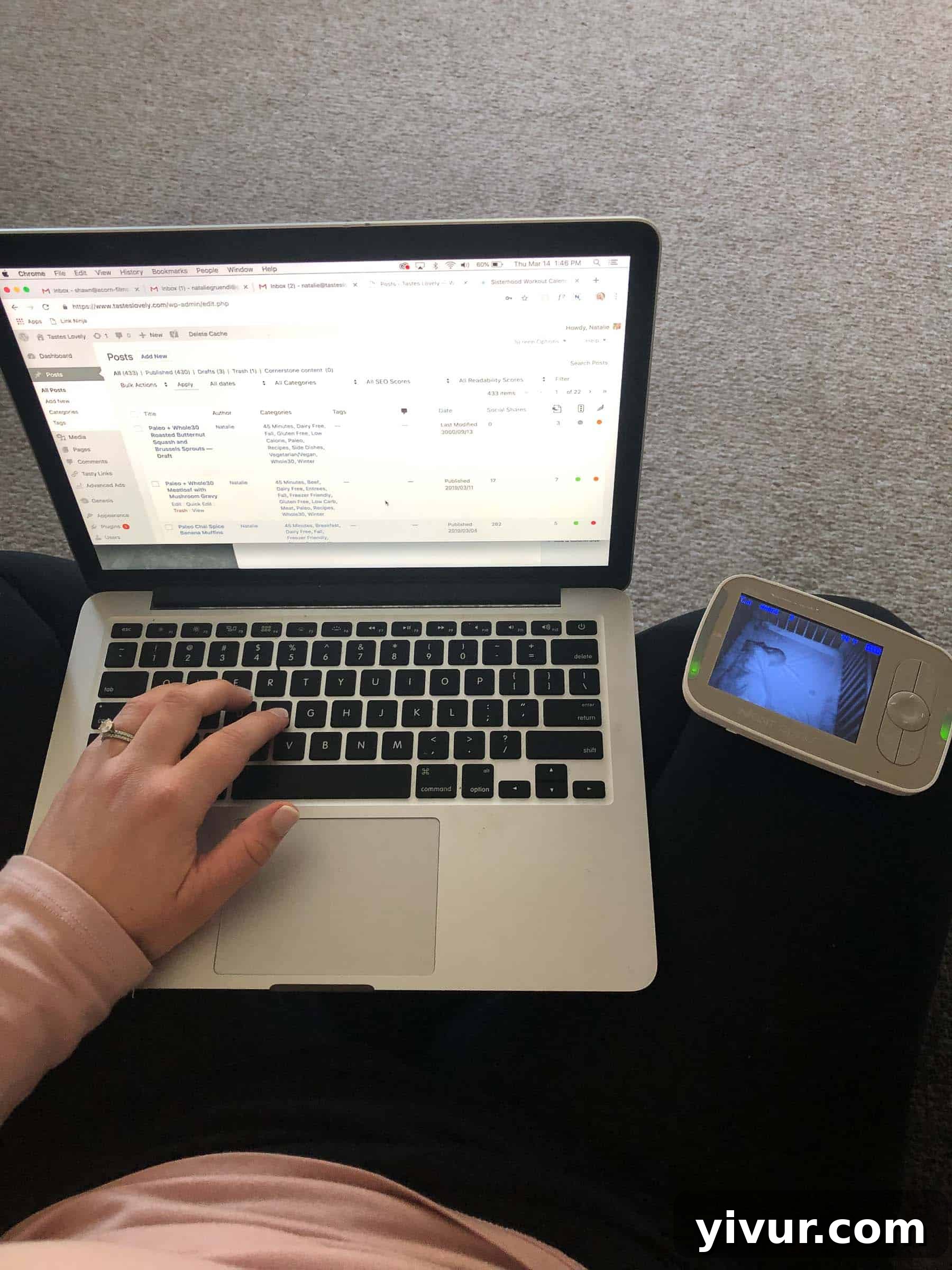 Mom engaging with her online community: A focused moment of checking social media, responding to messages, and sharing content, illustrating the digital aspect of her work-life balance during a quiet naptime.