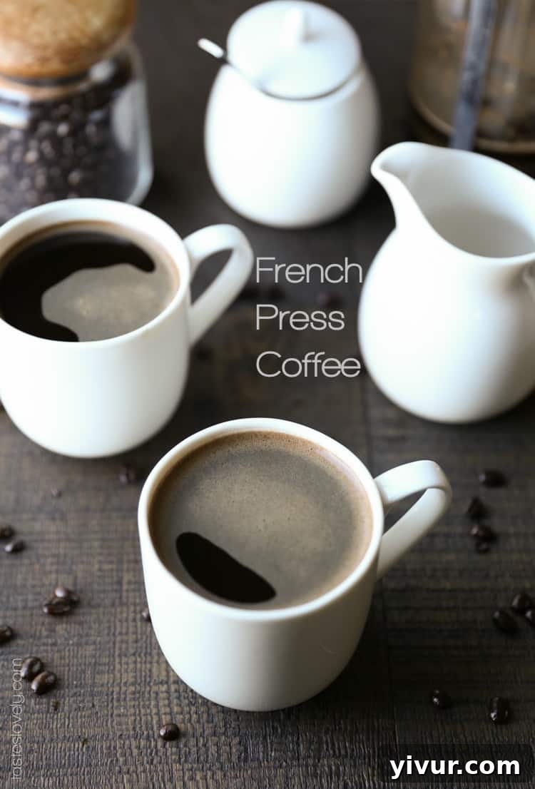 Unlock Barista-Quality French Press Coffee At Home 2 Freshly brewed French press coffee in a white mug, ready to serve.