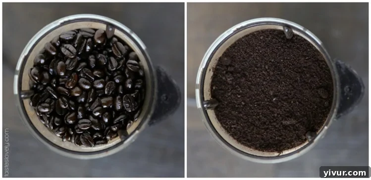 Unlock Barista-Quality French Press Coffee At Home 4 Two step-by-step photos of ground coffee in French press before adding hot water.