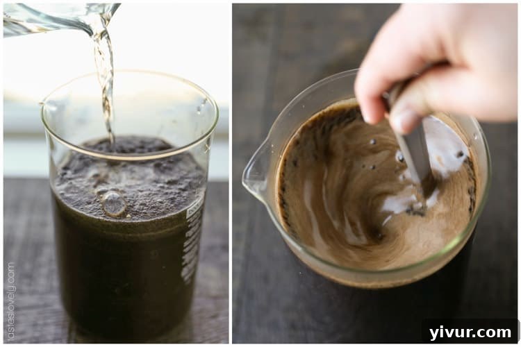 Unlock Barista-Quality French Press Coffee At Home 5 Hot water being poured over coffee grounds in French press and a hand stirring the coffee with a spoon.