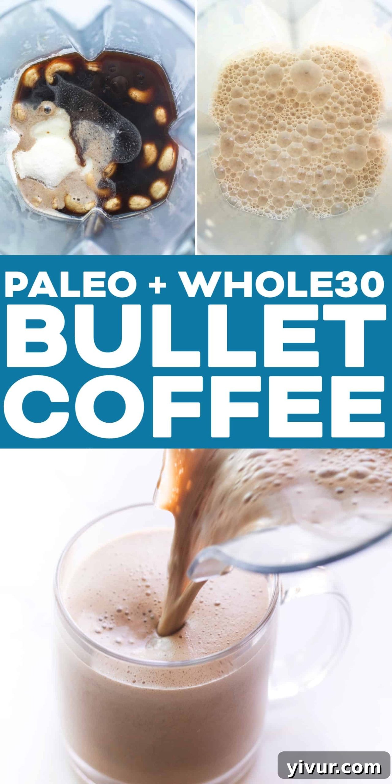 Pouring creamy cashew bulletproof coffee into a glass mug.