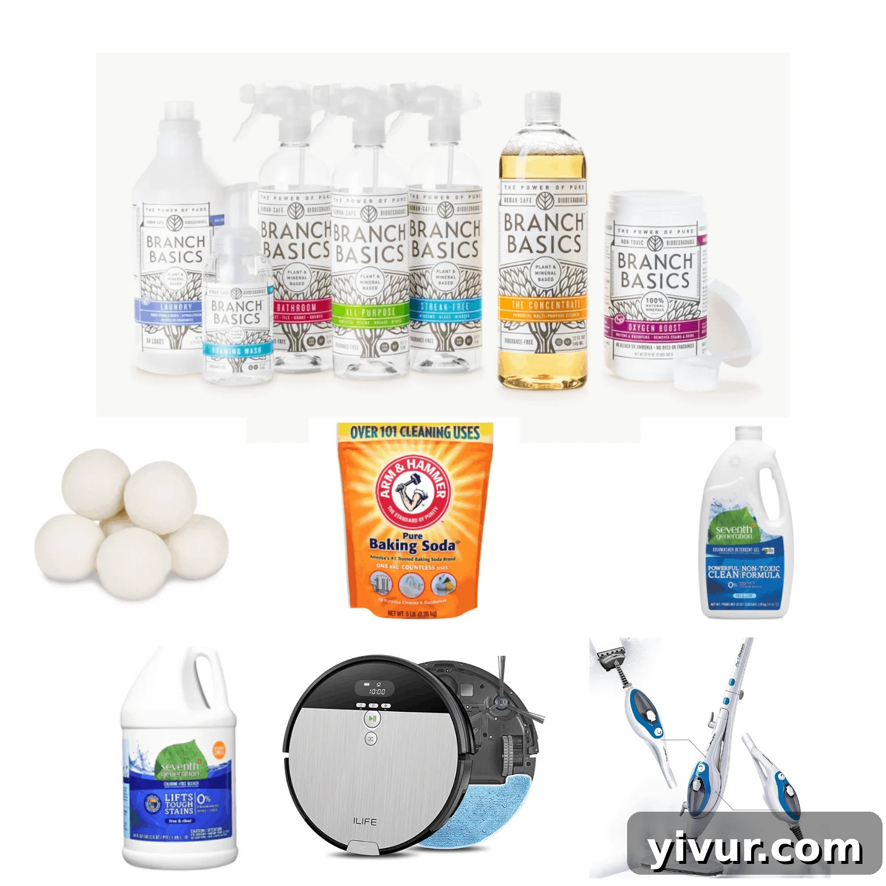 My Favorite Natural Cleaning Essentials 2 Assortment of non-toxic household cleaning products and eco-friendly cleaning supplies on a kitchen counter, ready for a healthy home clean.
