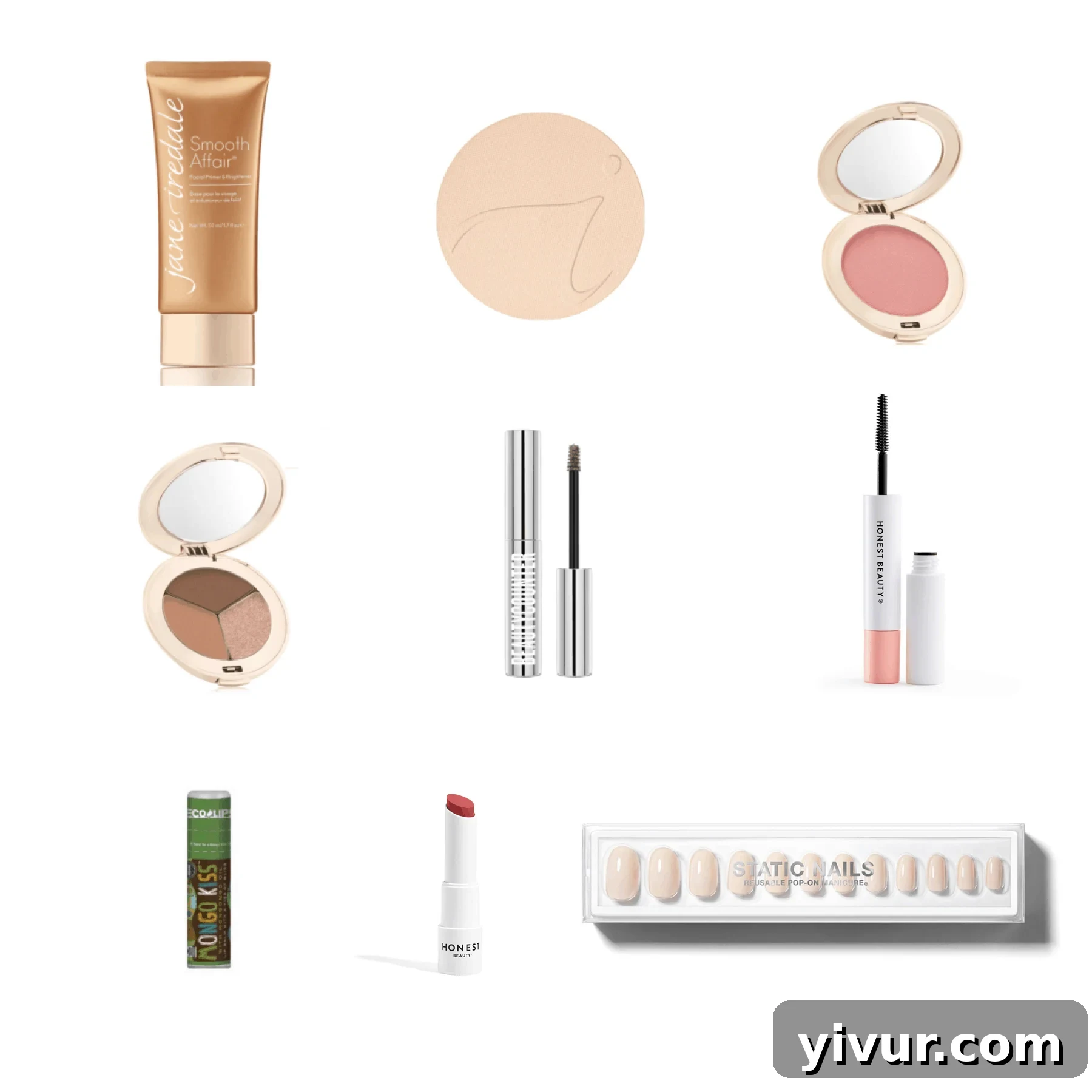 A curated collection of non-toxic makeup and natural beauty products displayed on a light background.