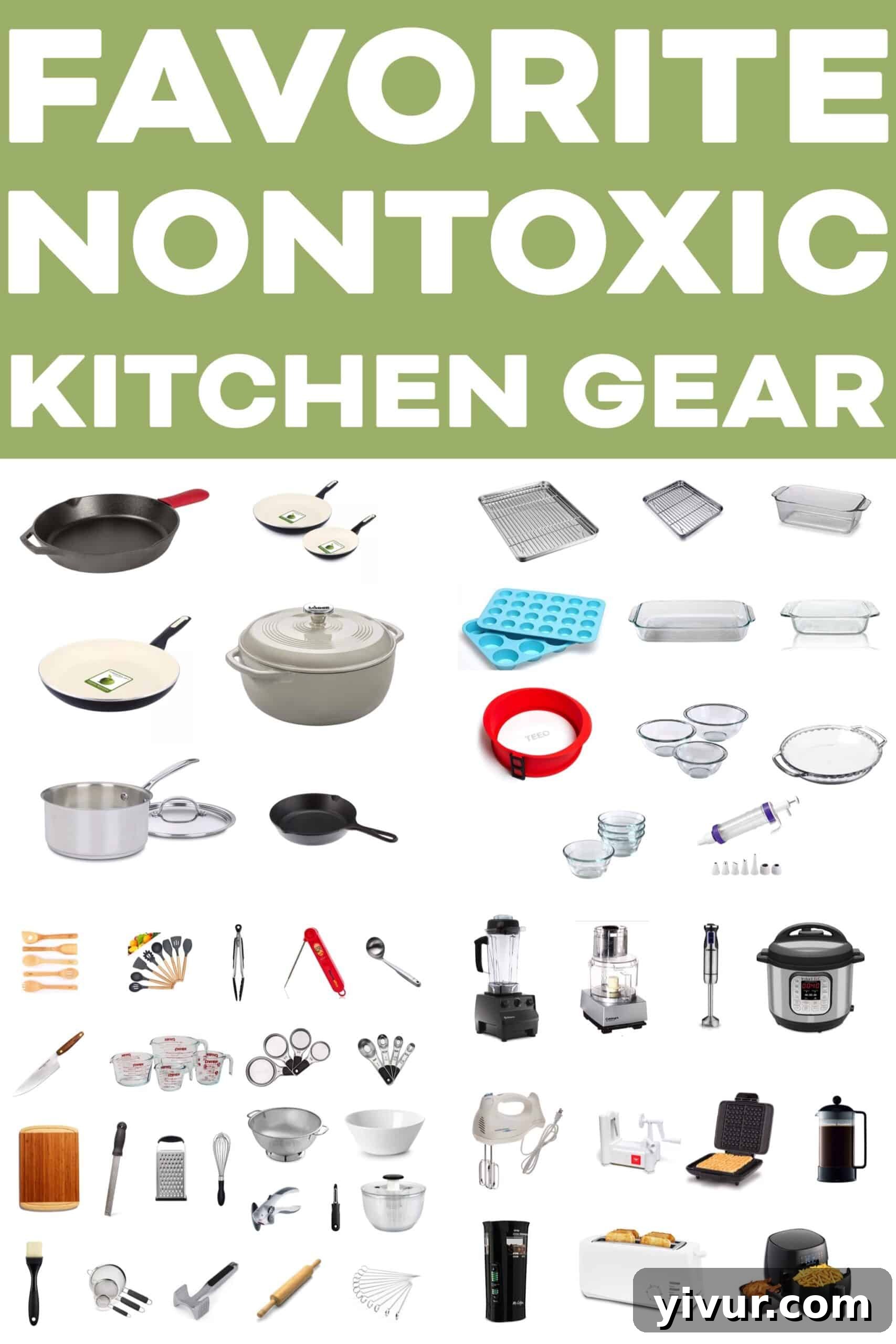 A beautifully organized, non-toxic kitchen showcasing a range of eco-friendly cooking essentials and storage solutions, ready for healthy meal preparation.