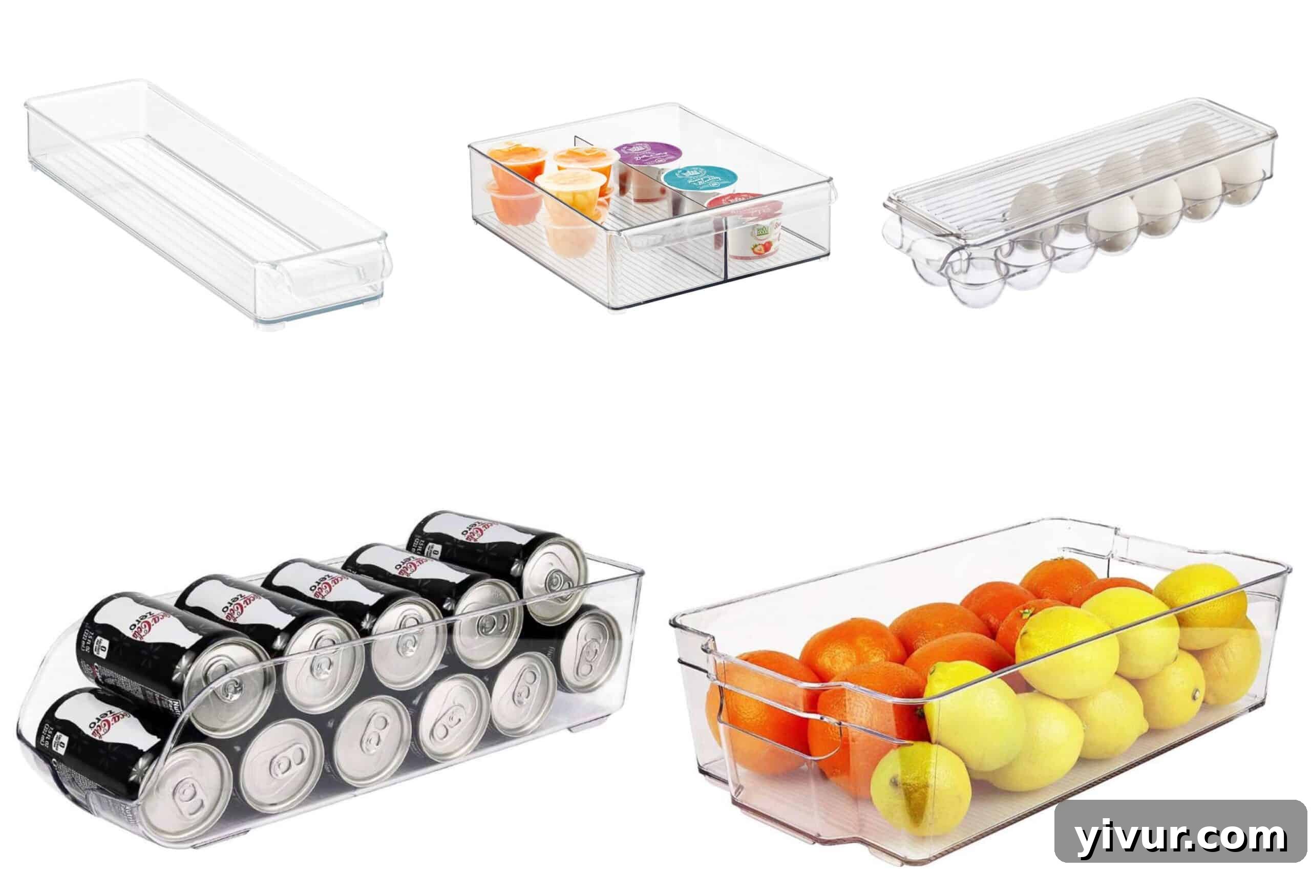 An organized refrigerator interior featuring clear iDesign bins for various items and a beverage dispenser, promoting efficient and clean food storage.