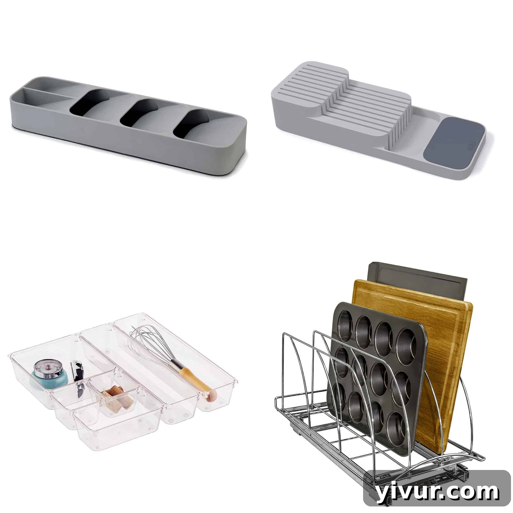 Organized kitchen drawers and cabinets featuring a silverware organizer, knife organizer, and cutting board rack, demonstrating efficient space utilization.