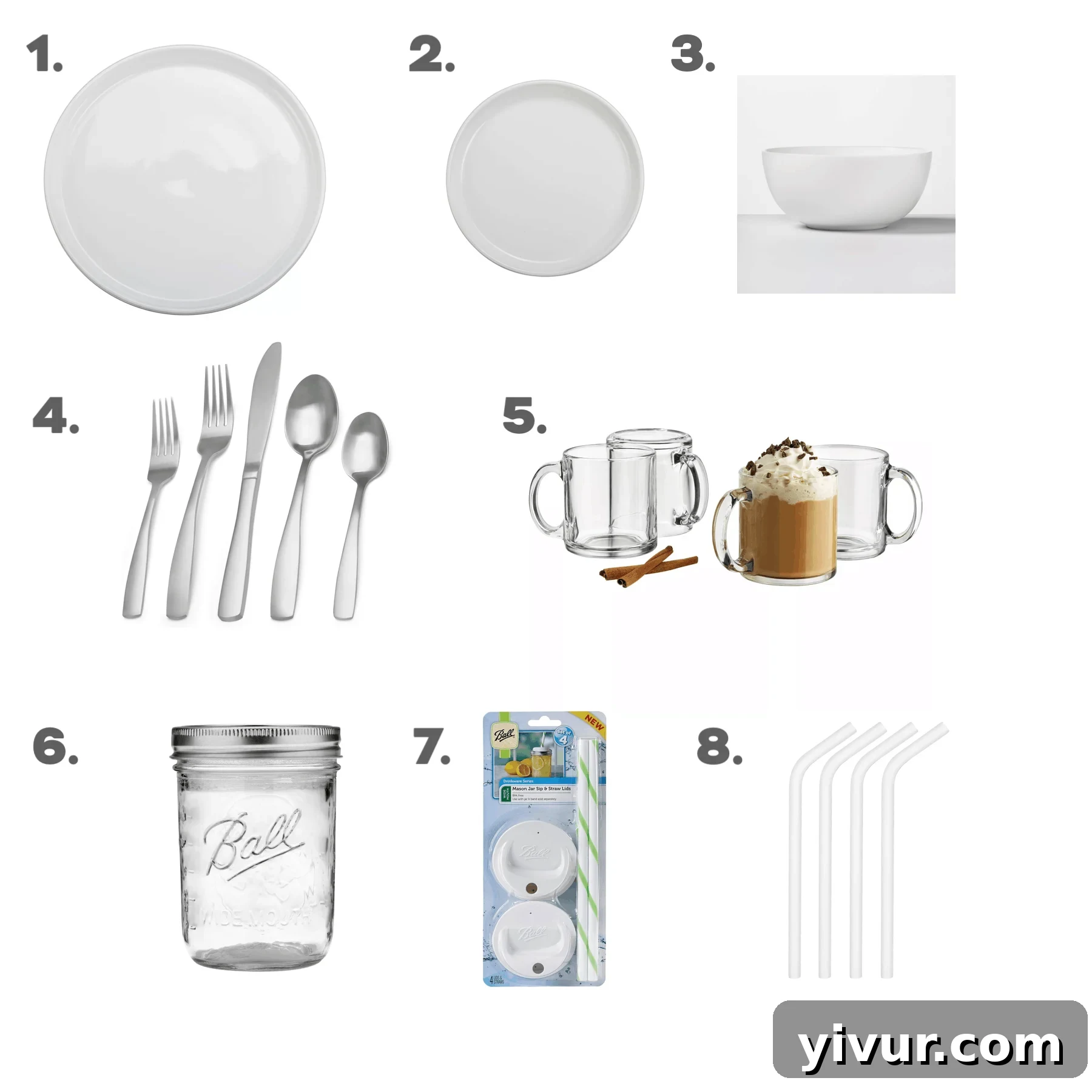 A dining table set with non-toxic dinner plates, salad plates, bowls, silverware, and glass coffee mugs, alongside mason jars used as drinking glasses.