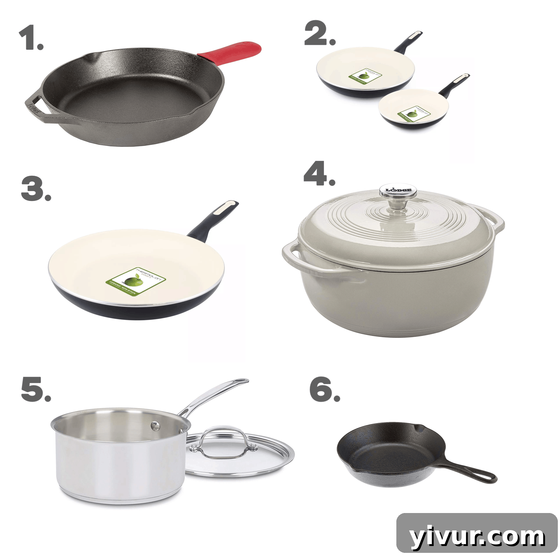 A collection of non-toxic cookware including cast iron skillets, GreenPan non-stick pans, and Cuisinart stainless steel saucepans, laid out for a healthy kitchen.