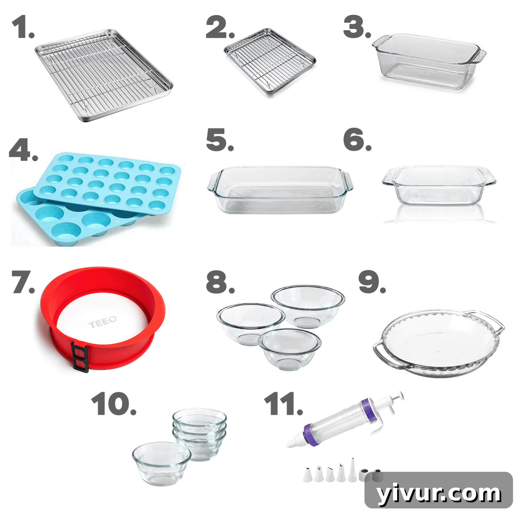 An array of non-toxic bakeware including stainless steel baking sheets, glass loaf and baking dishes, and silicone muffin pans, ideal for healthy baking.