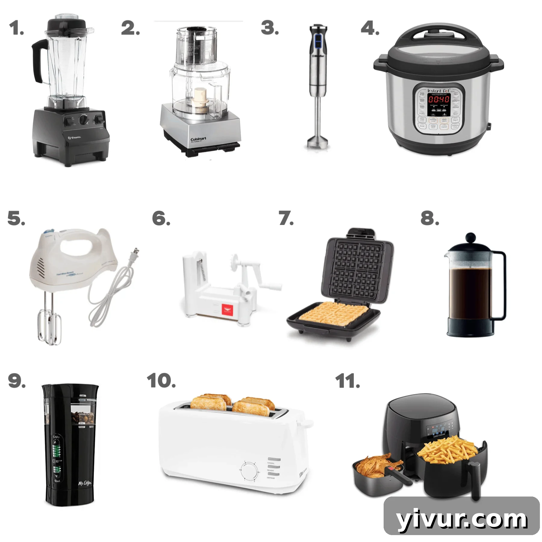 Essential small non-toxic kitchen appliances including a Vitamix blender, immersion blender, Instant Pot, and ceramic air fryer, promoting healthy cooking methods.