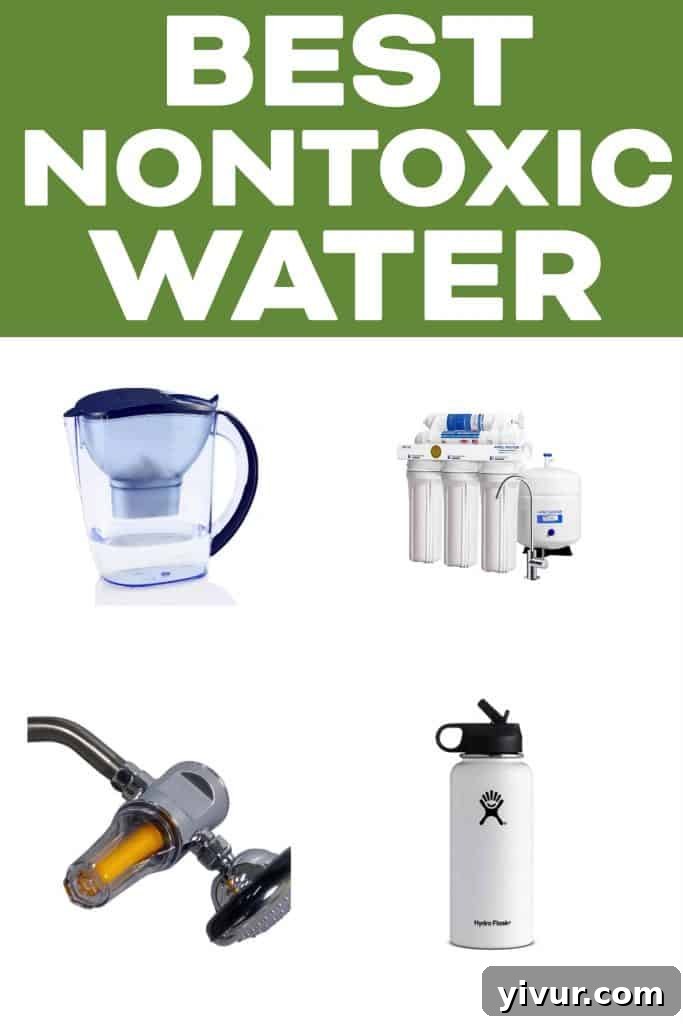 A selection of water filtration products and reusable water bottles for safe drinking water